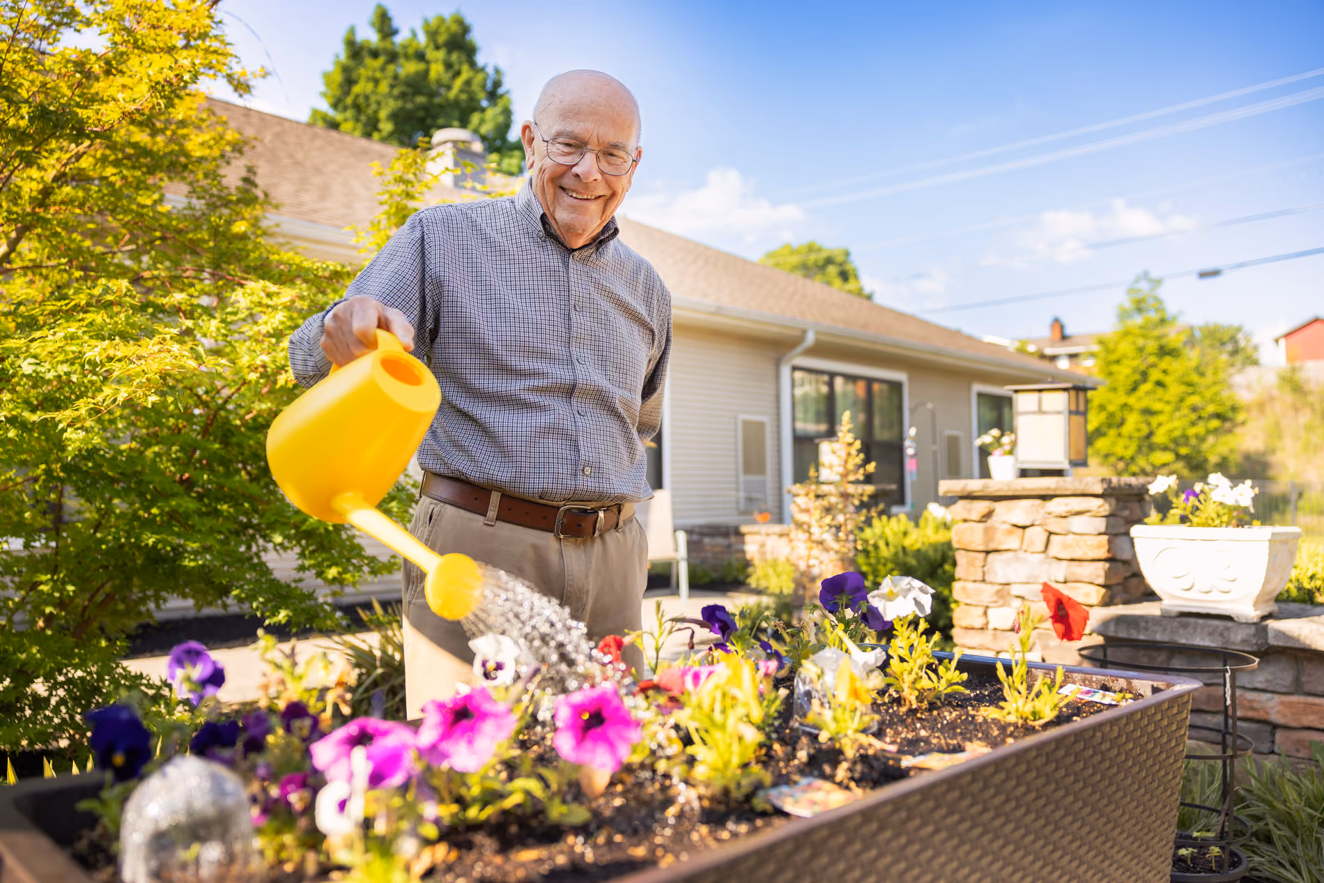 Smiling elderly man watering flowers with a yellow watering can in a raised garden bed outdoors.