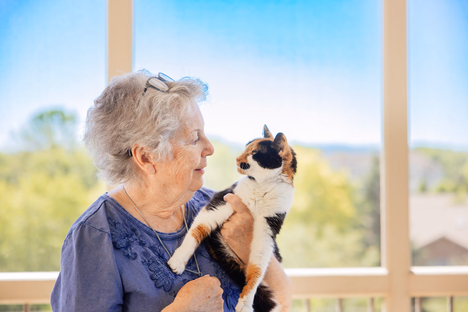Elderly woman with glasses on head holding and looking at a calico cat inside near a window.