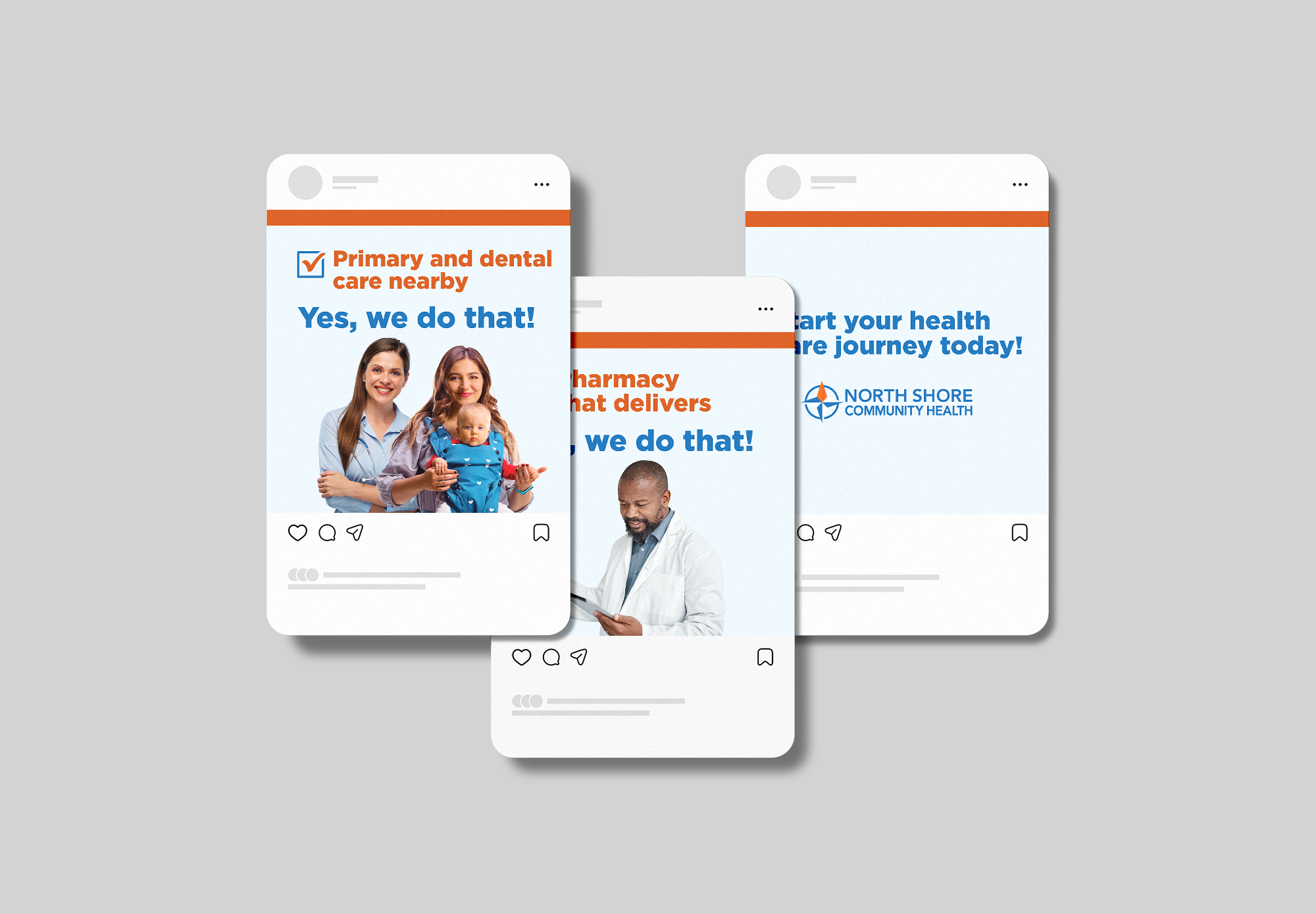 Three North Shore Community Health social posts, including Primary and dental care nearby? Yes, we do that!
