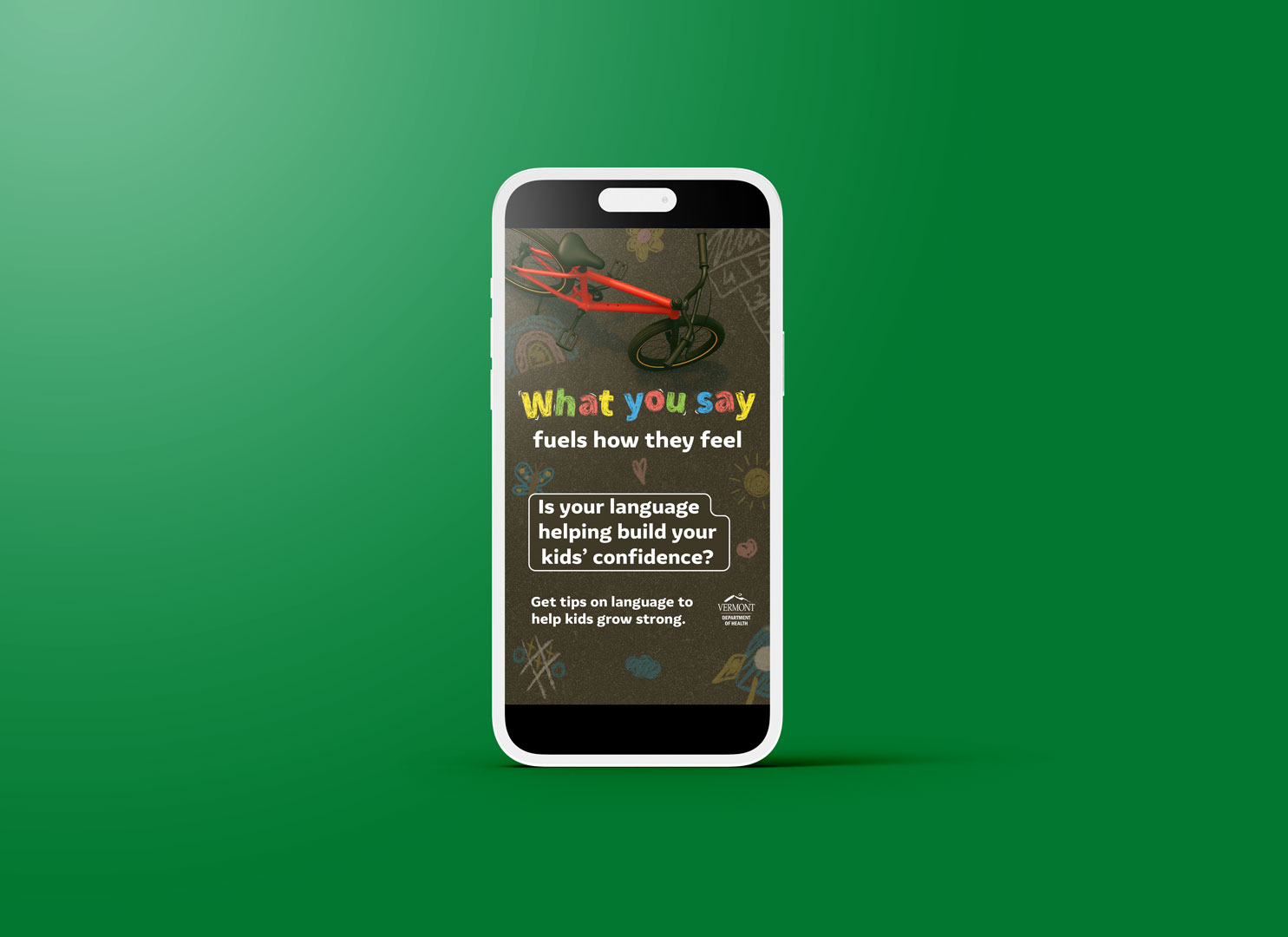 Phone showing a vertical ad that asks, Is your language helping build your kids' confidence?