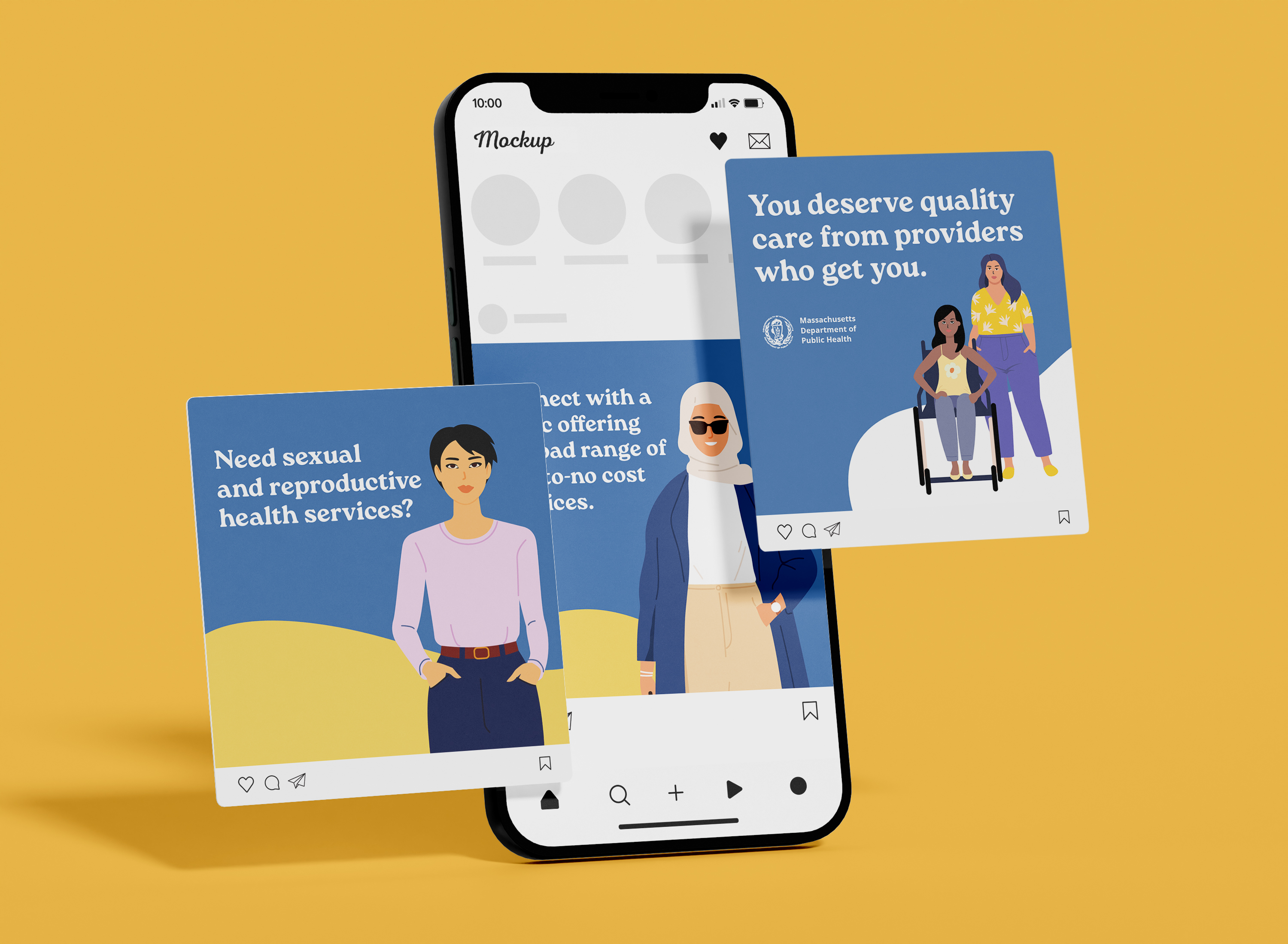 Social posts on a phone, including You deserve quality care from providers who get you