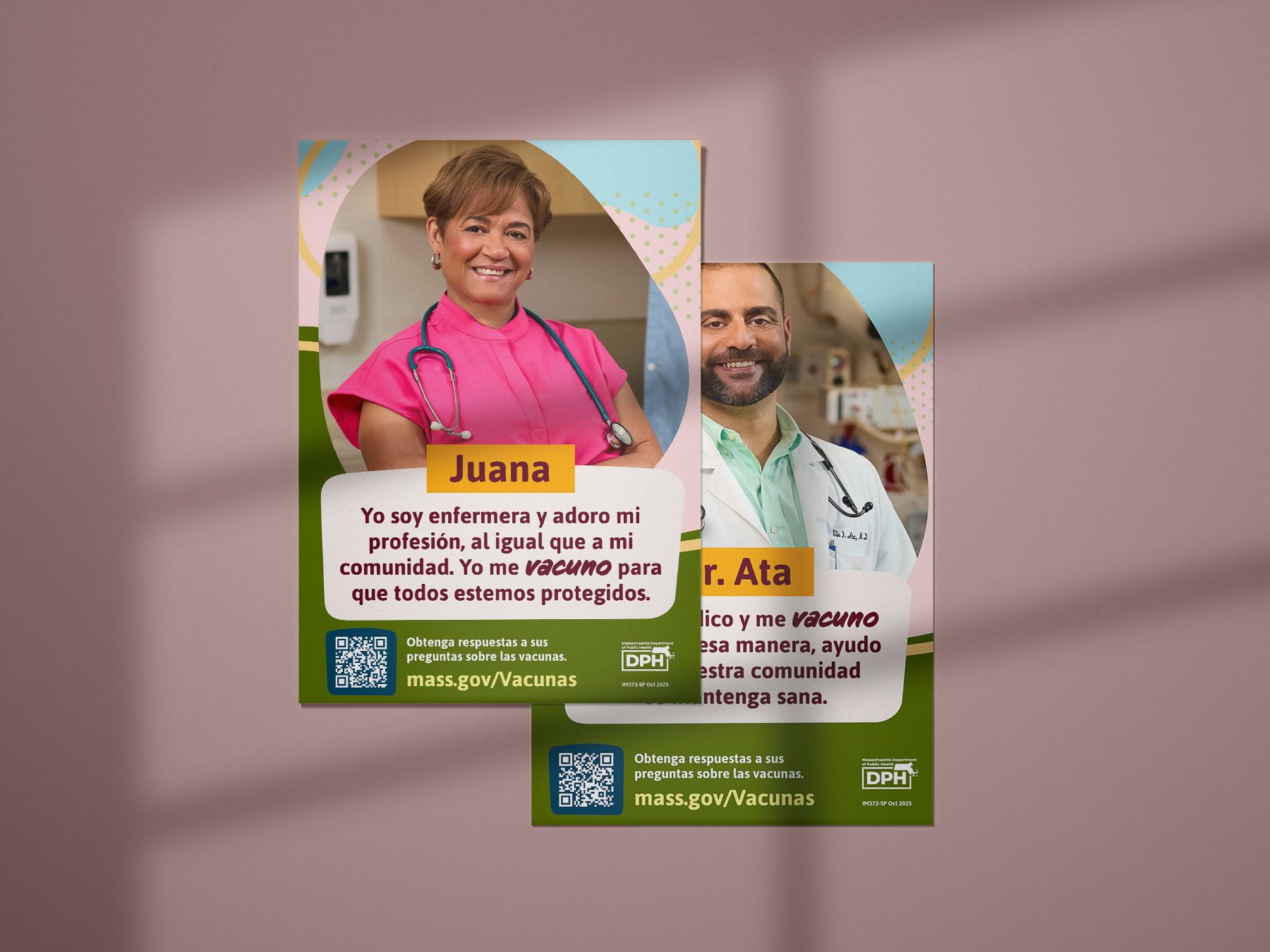 Two Spanish-language vaccine confidence posters featuring health workers Juana and Dr. Ata