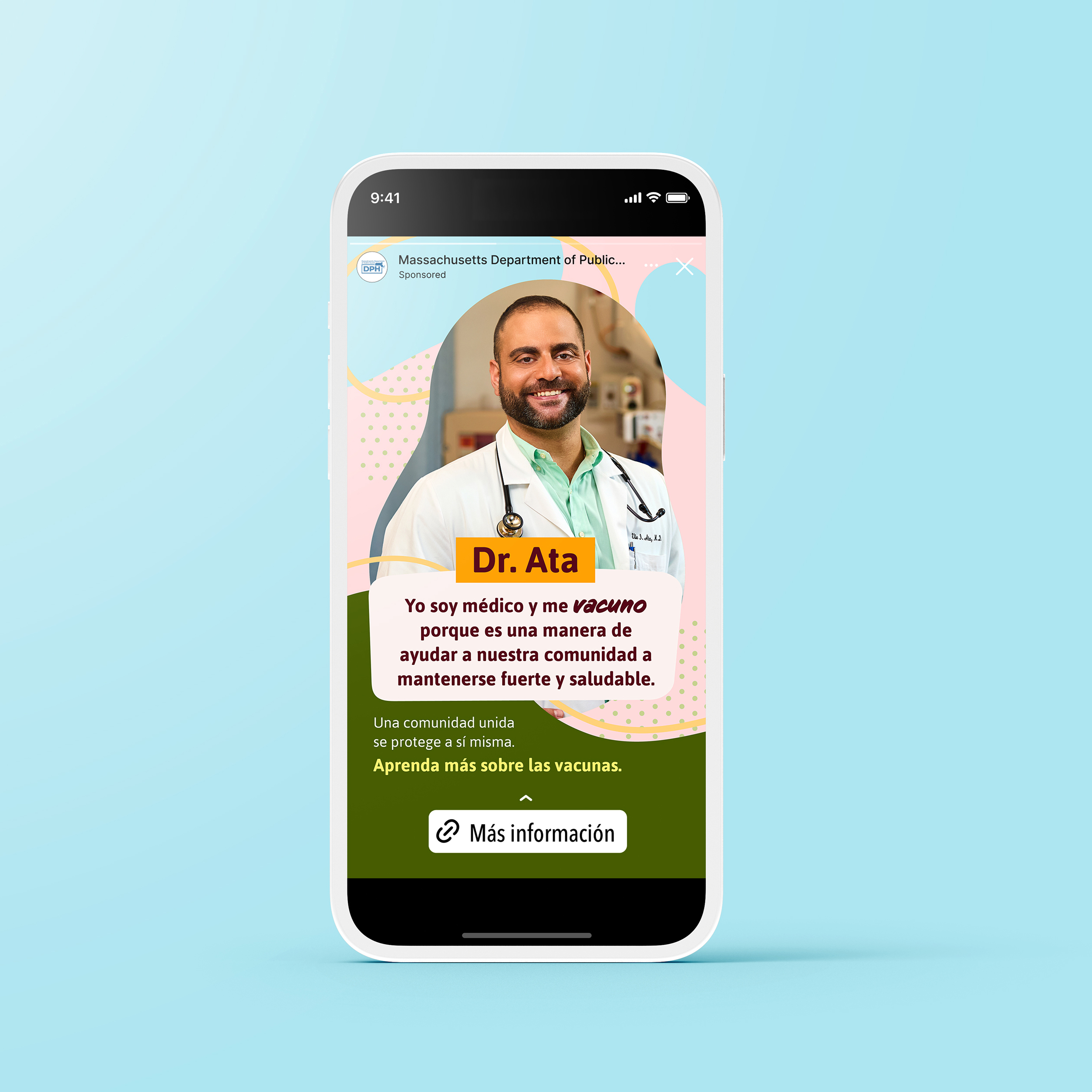 Phone showing a Spanish-language vaccine post featuring Dr. Ata