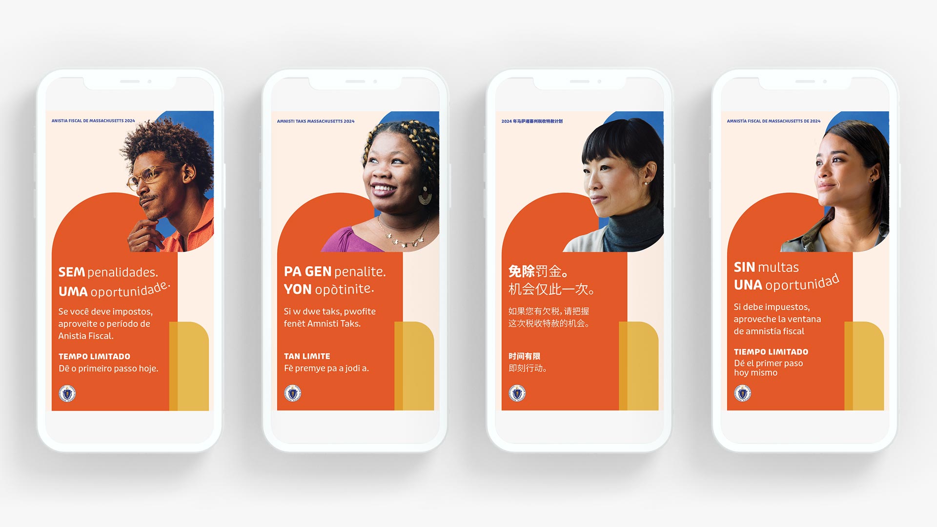 Four phone screens showing Tax Amnesty ads in Portuguese, Haitian Creole, Chinese, and Spanish