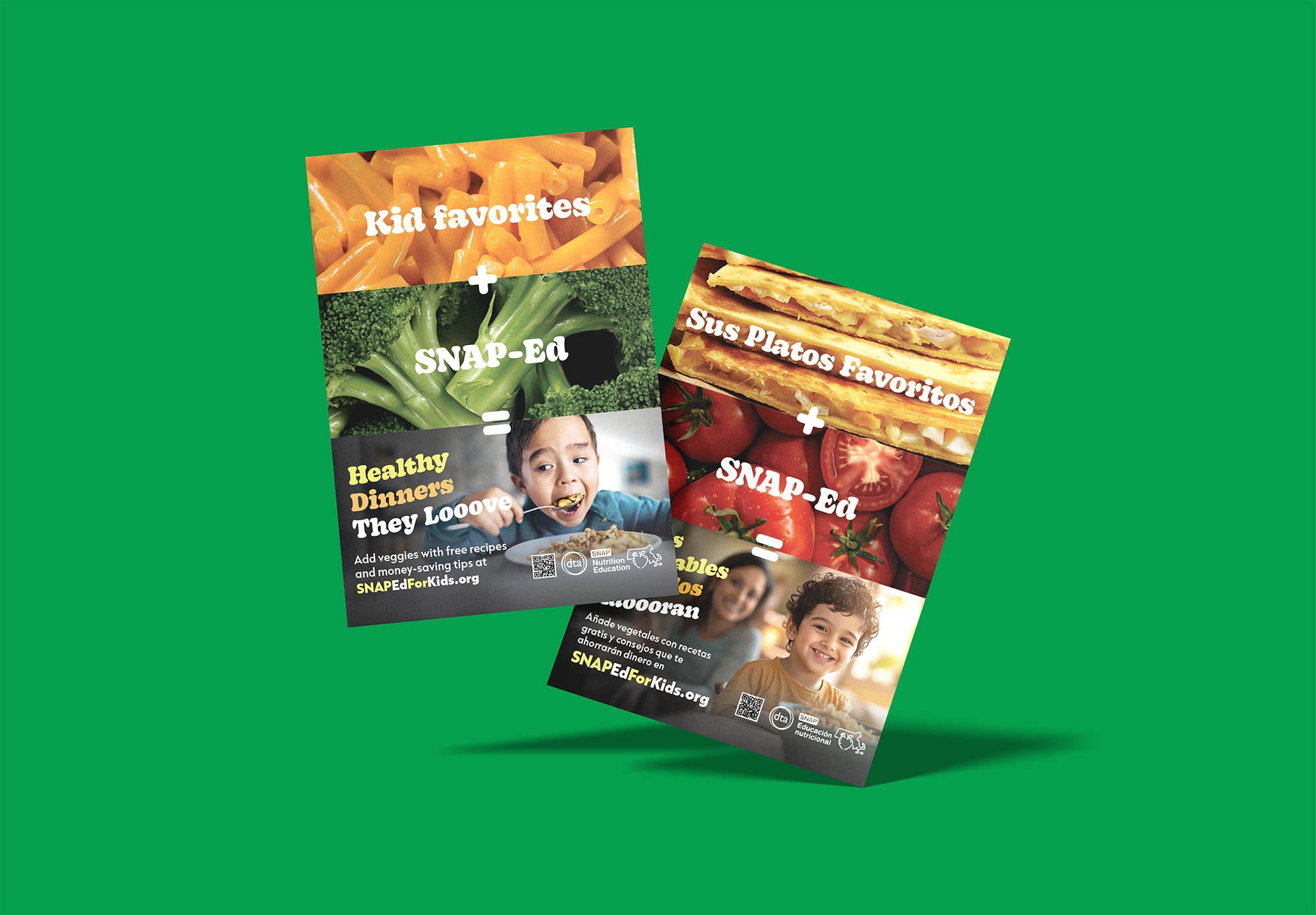 Two SNAP-Ed flyers, in English and Spanish, promoting healthy kid-favorite dinners
