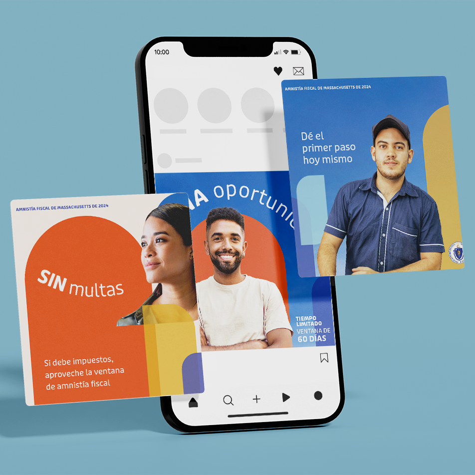 Spanish-language Tax Amnesty social posts on a phone