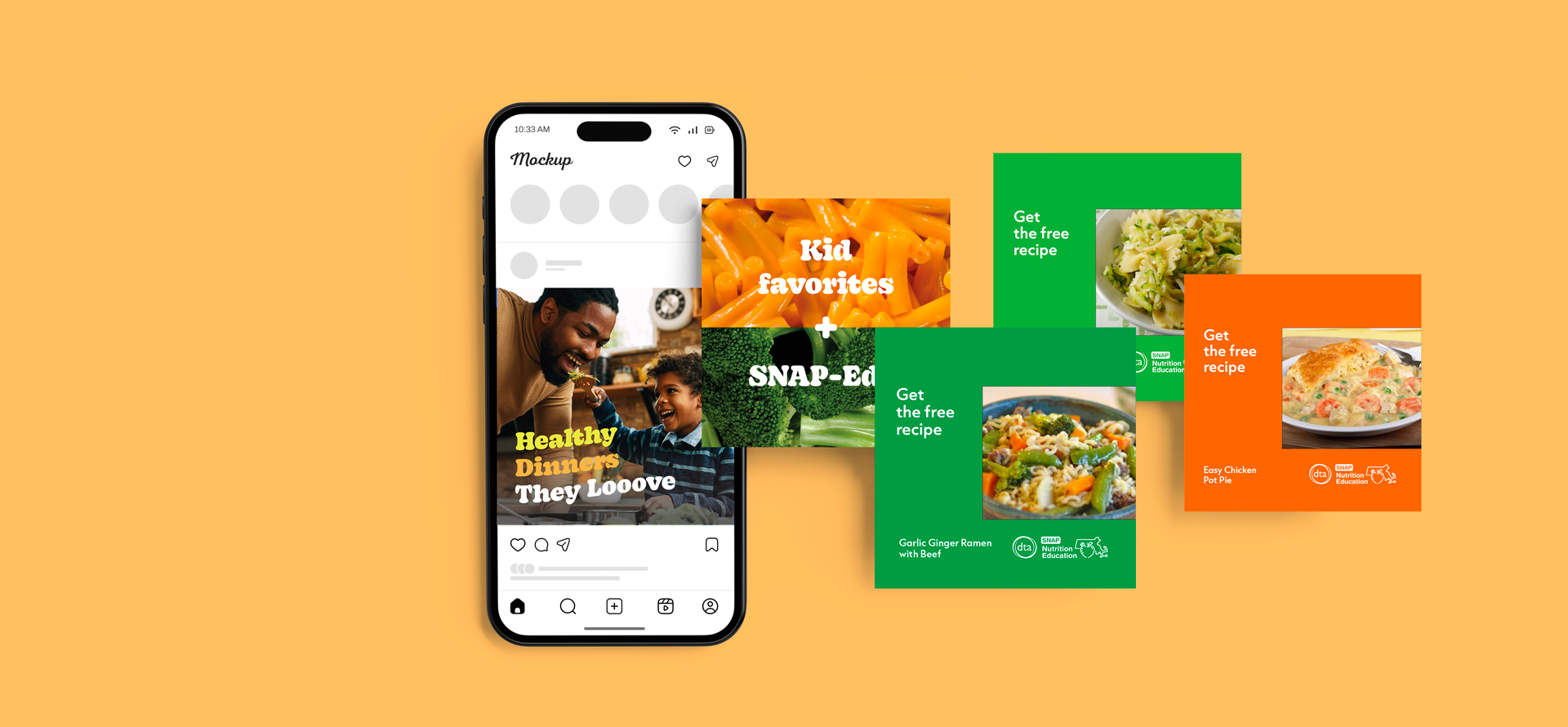 SNAP-Ed Instagram posts on a phone featuring kid-favorite dinner recipes