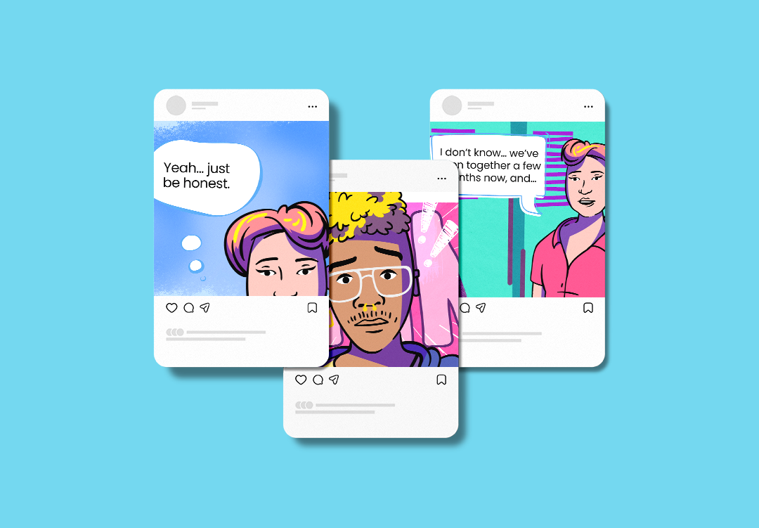 Three illustrated social media posts about navigating breakups respectfully