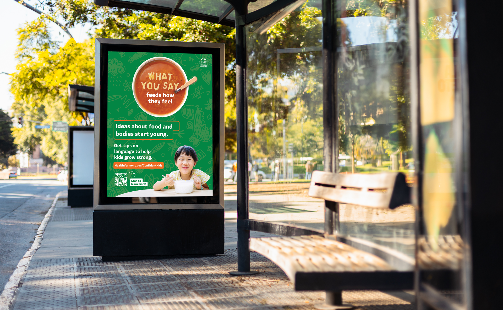 Bus shelter poster reading What you say feeds how they feel
