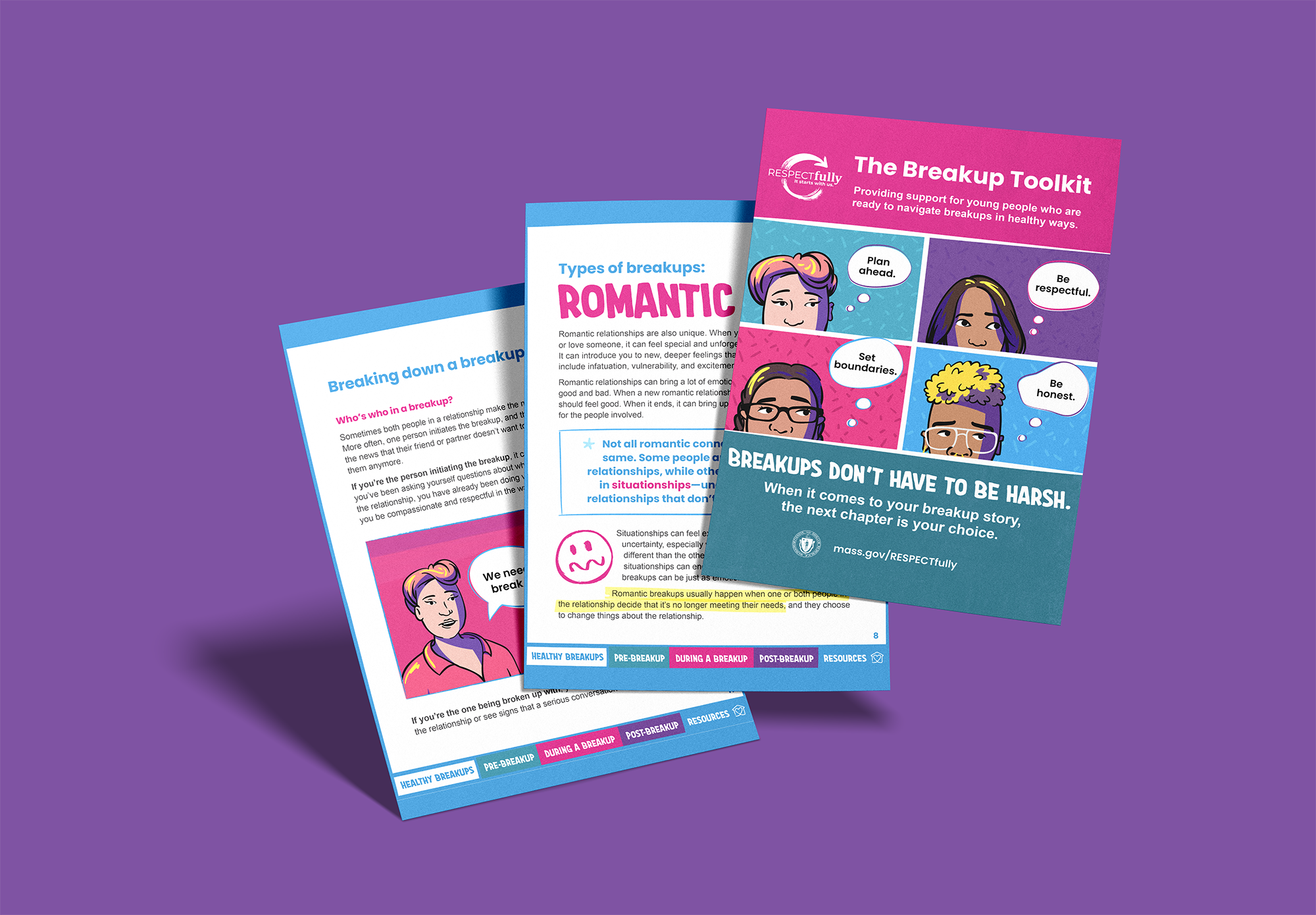 Pages from The Breakup Toolkit, including a guide to types of breakups
