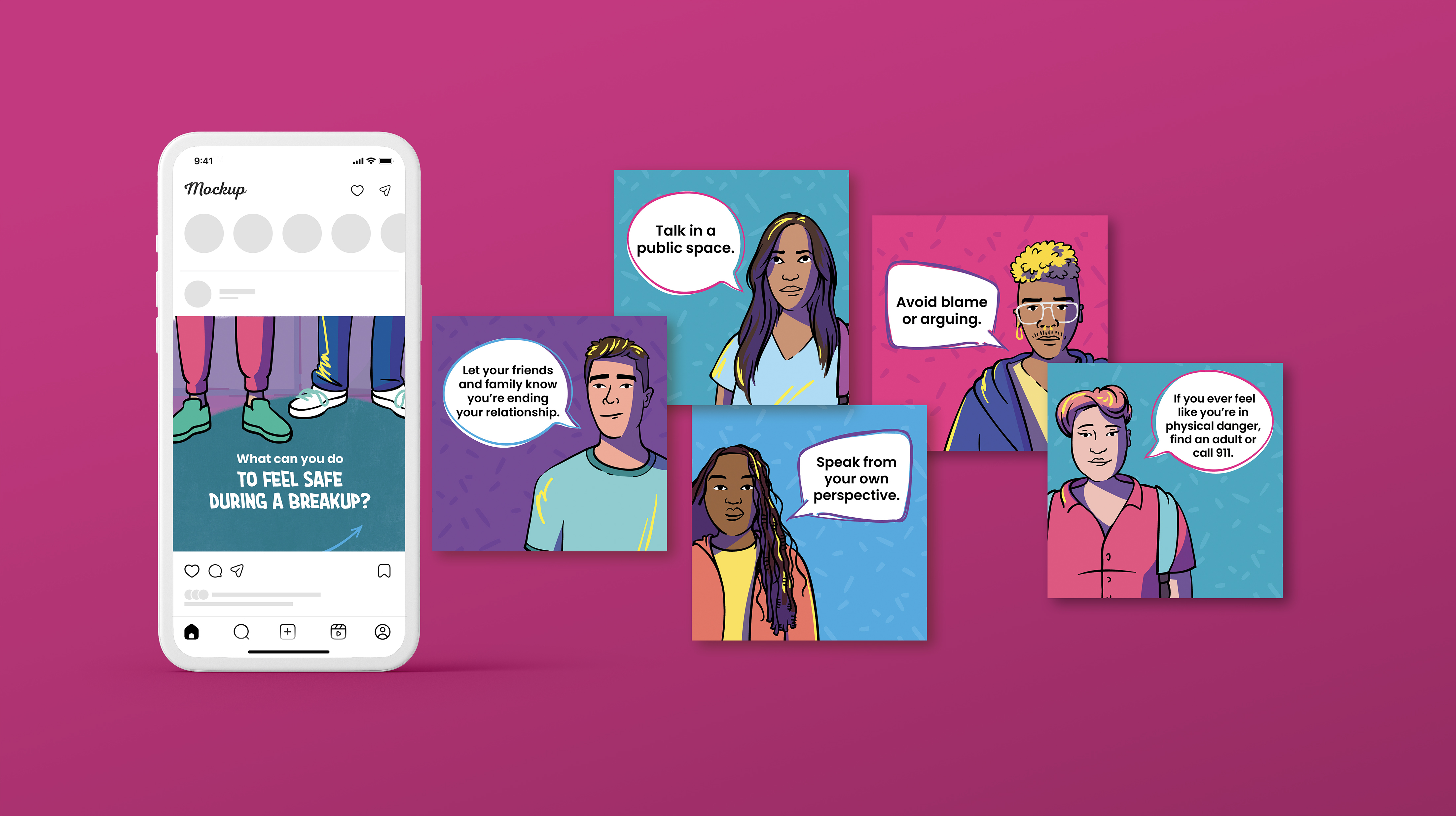 Illustrated Instagram posts with tips for staying safe and respectful during a breakup
