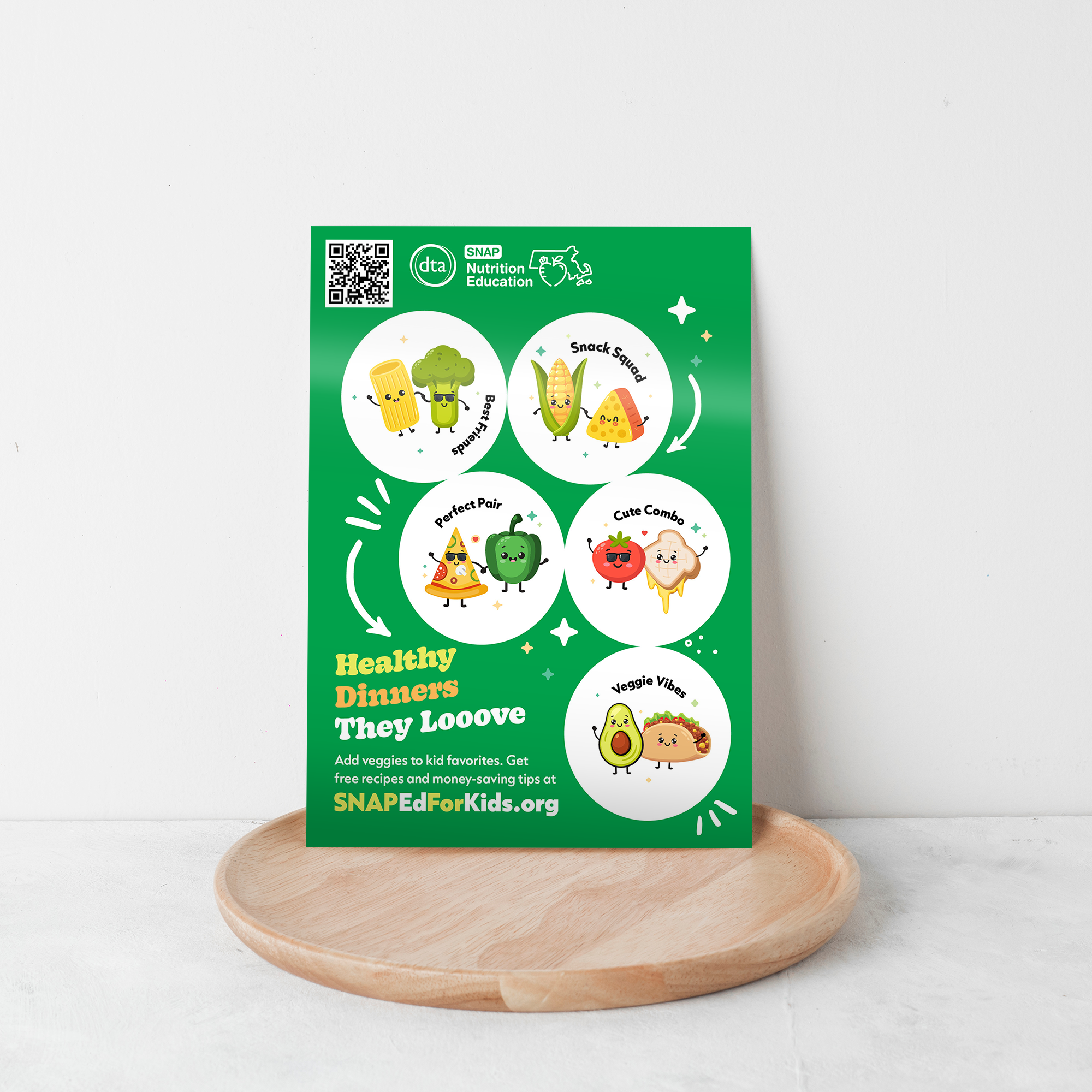 SNAP-Ed sticker sheet with cartoon vegetables and the headline Healthy Dinners They Looove