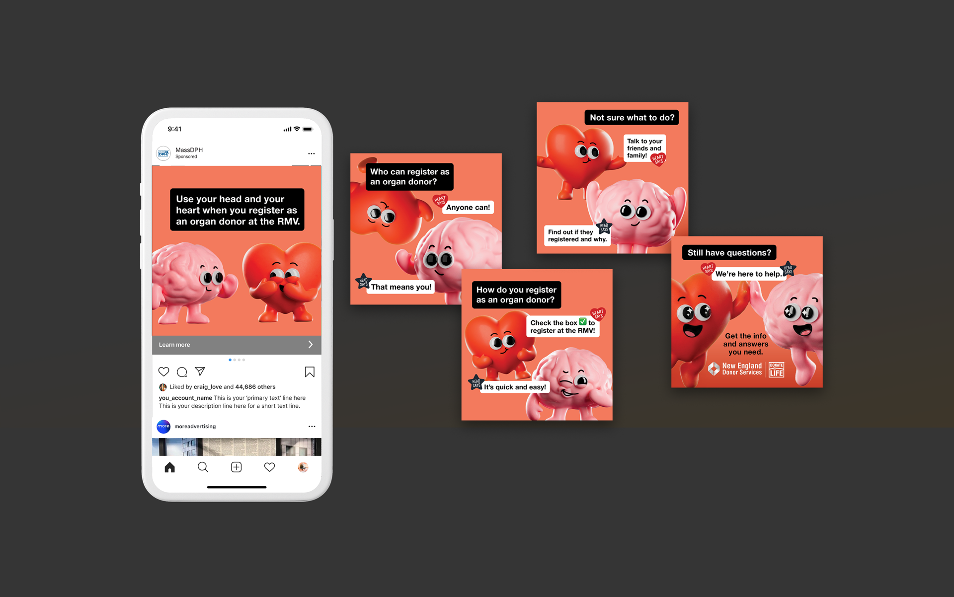 Organ donor social posts featuring animated brain and heart characters