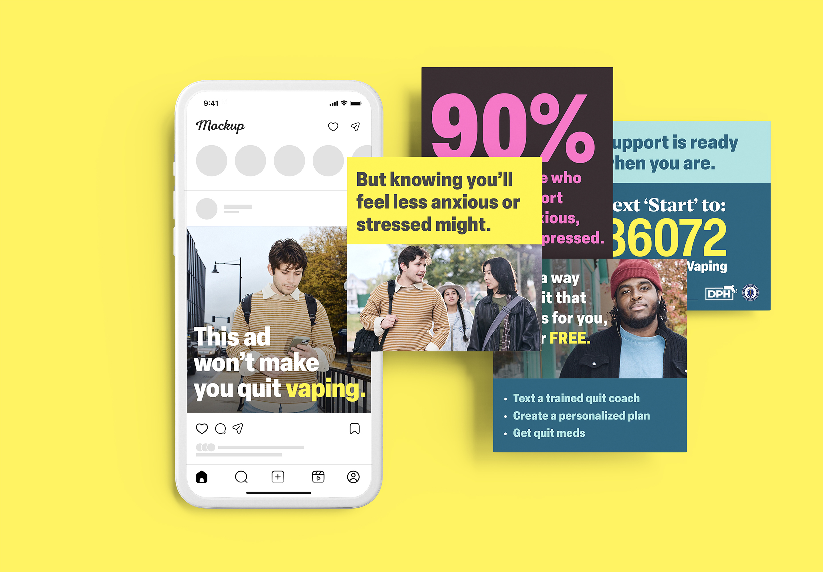 Vaping cessation social posts, including But knowing you'll feel less anxious or stressed might