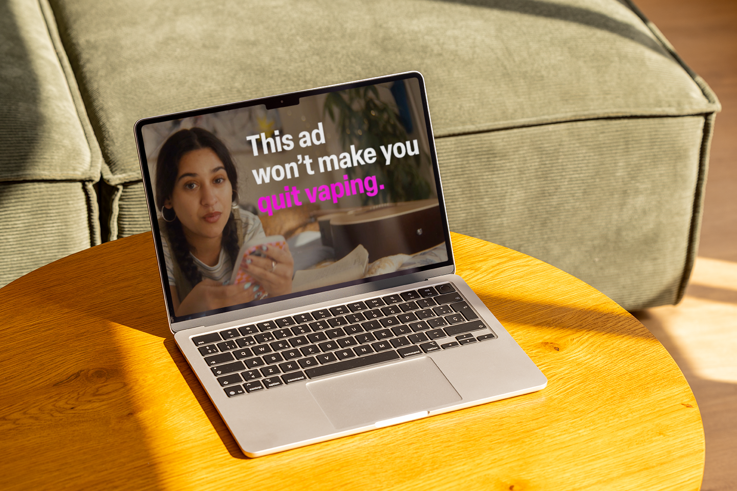 Laptop showing a video ad that reads, This ad won't make you quit vaping