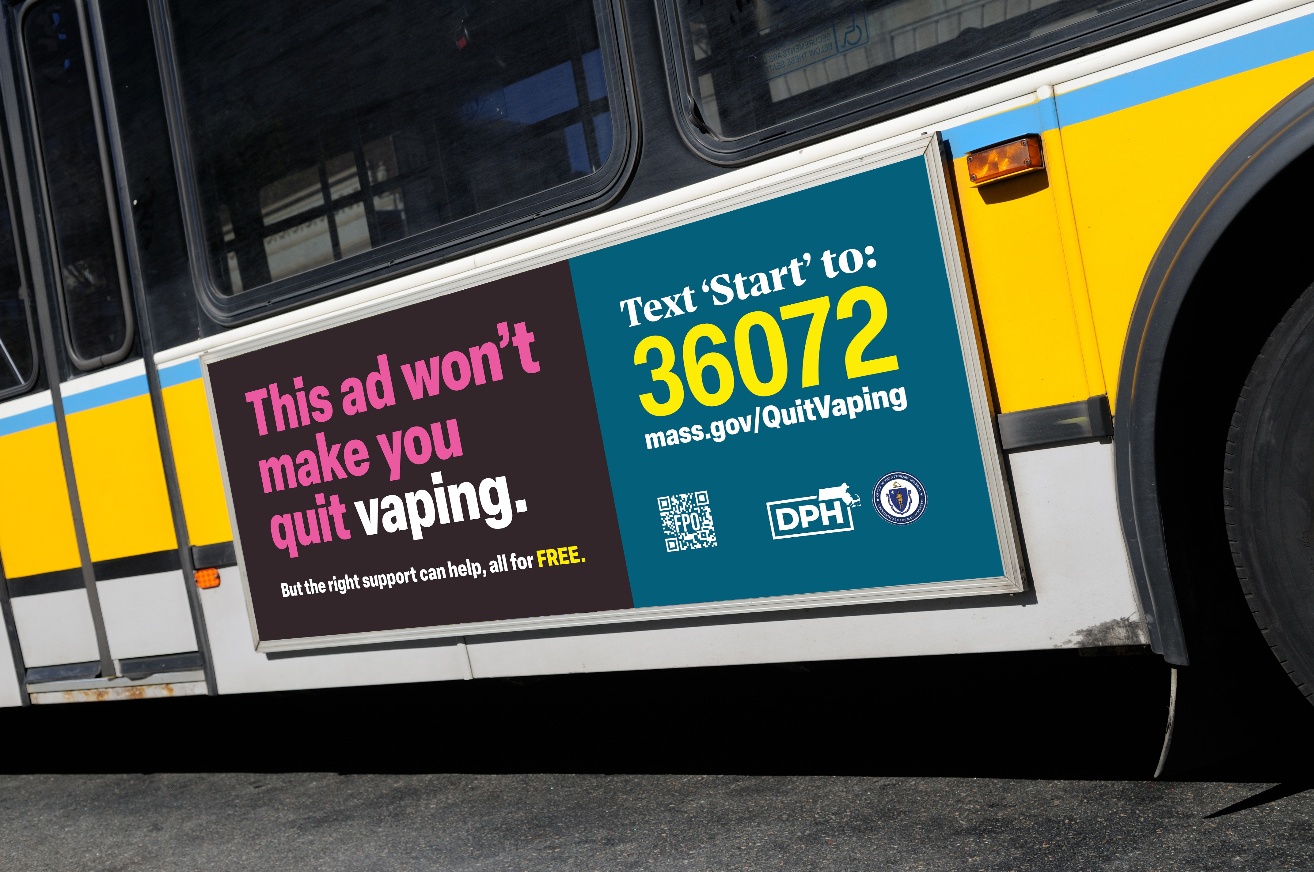 Bus side ad reading This ad won't make you quit vaping. Text Start to 36072.