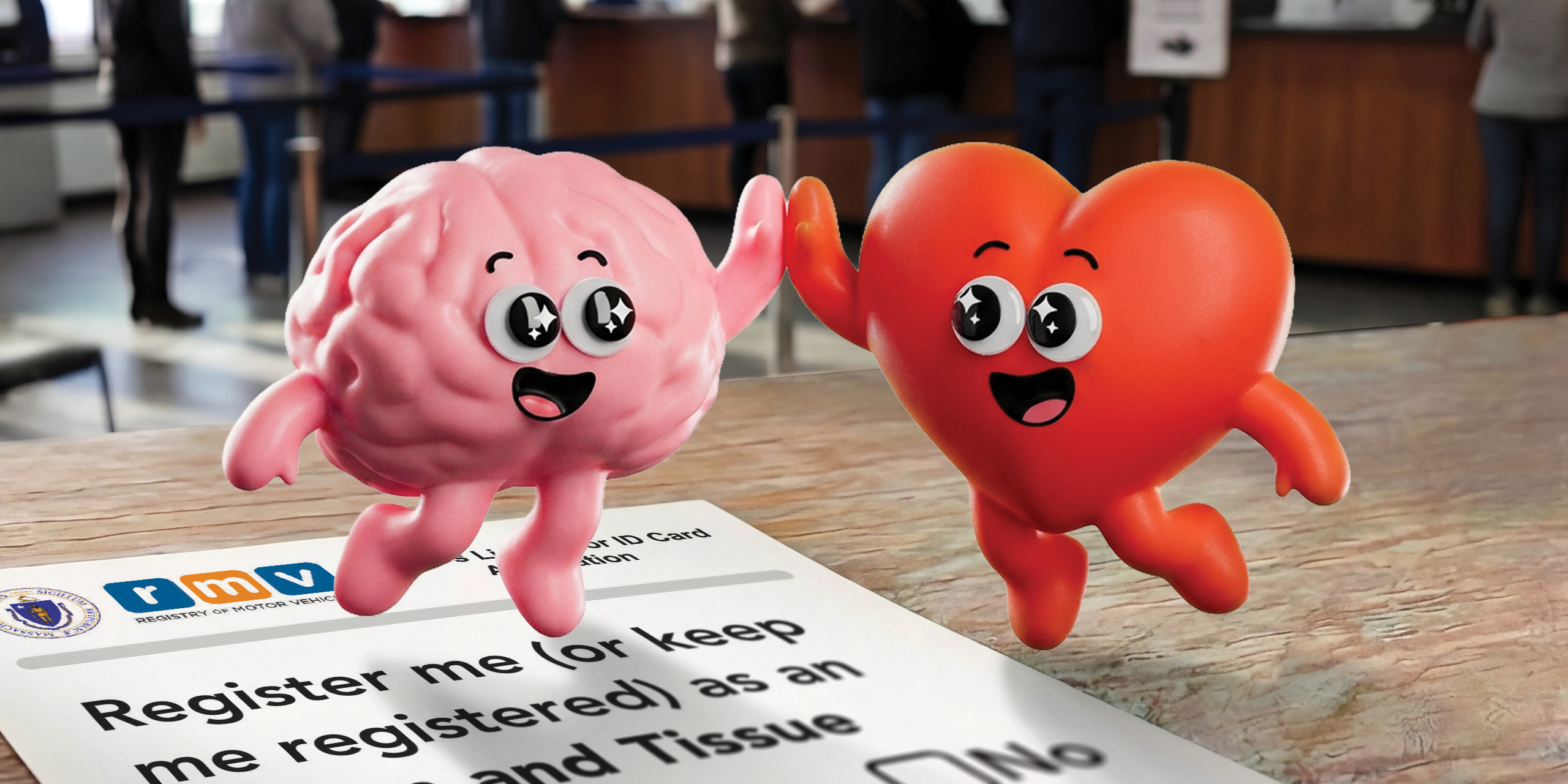 Animated brain and heart characters beside an organ and tissue donor registration form