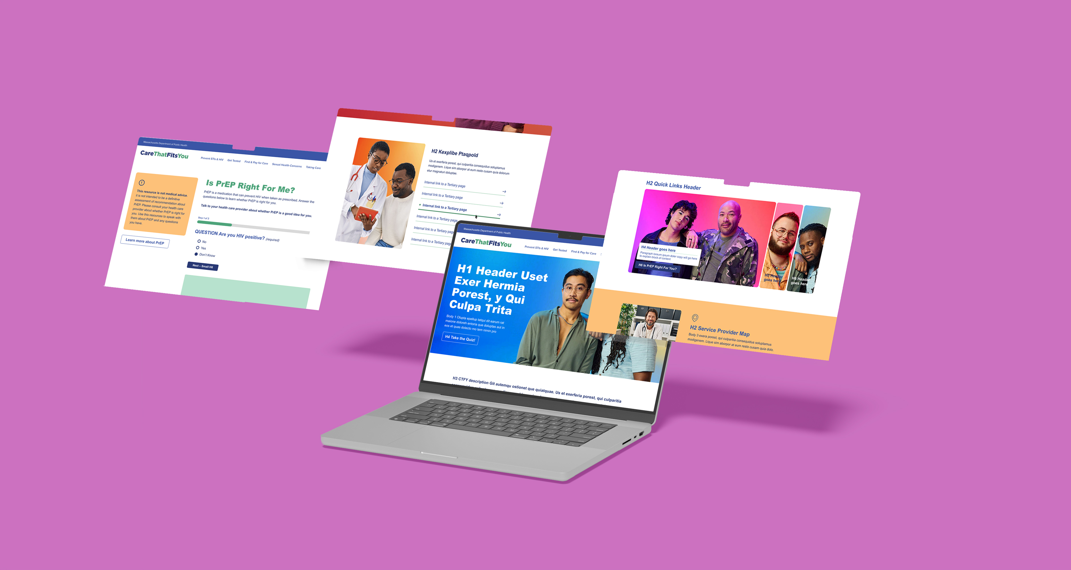 Laptop and webpage mockups of the Care That Fits You website