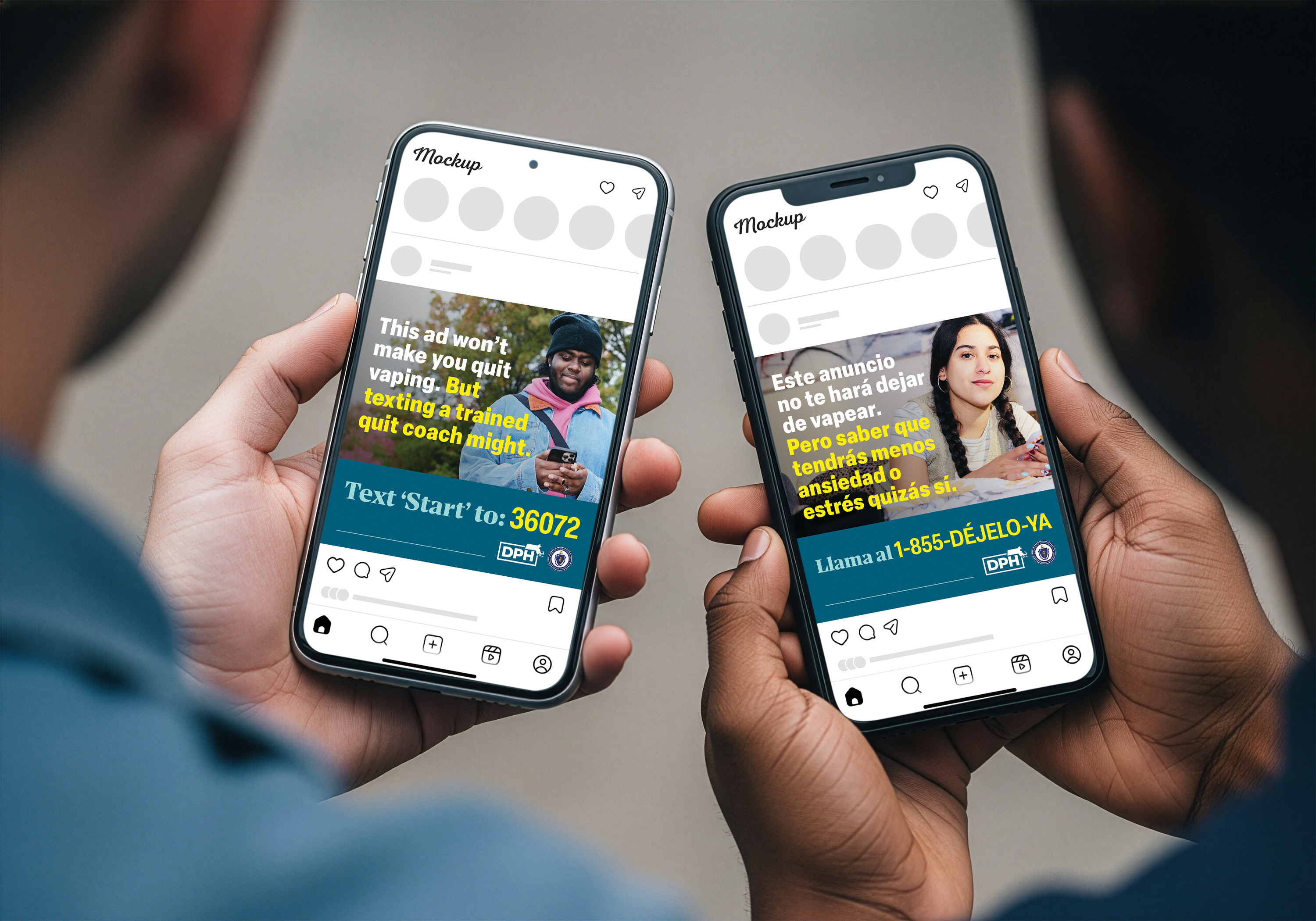 Two people holding phones with English and Spanish vaping cessation ads that say to text Start to 36072