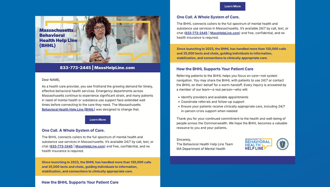 Behavioral Health Help Line email to providers titled One Call. A Whole System of Care.