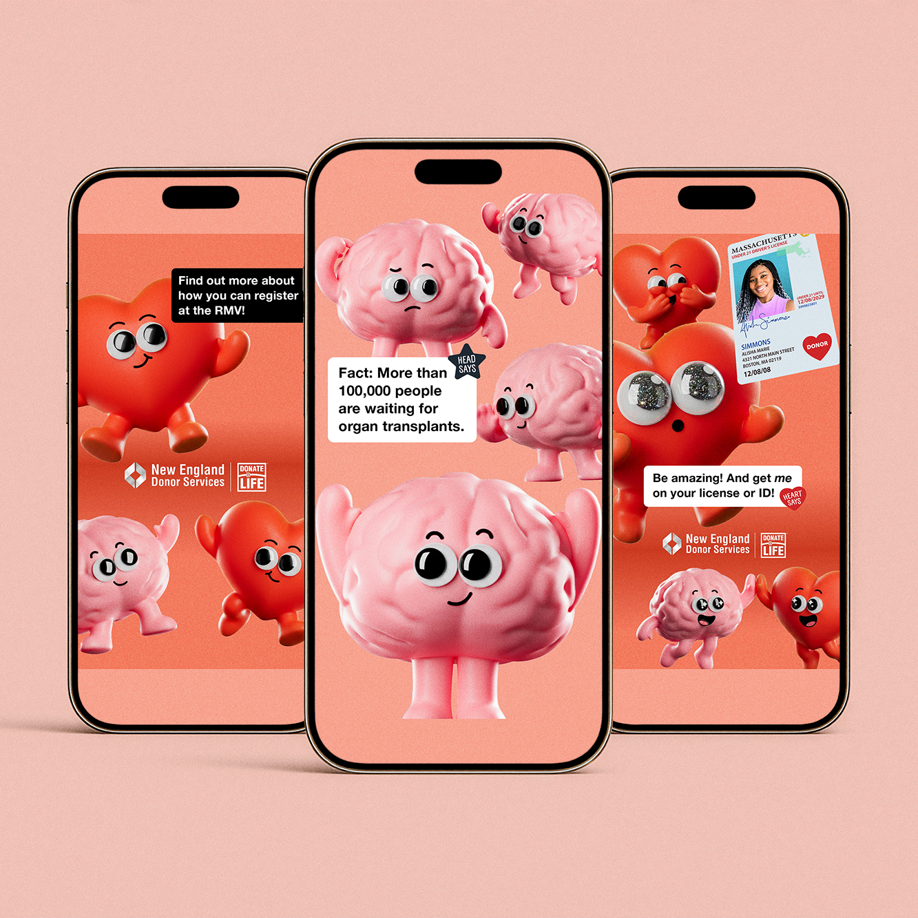 Three phone screens with organ donor posts, including Fact: More than 100,000 people are waiting for organ transplants