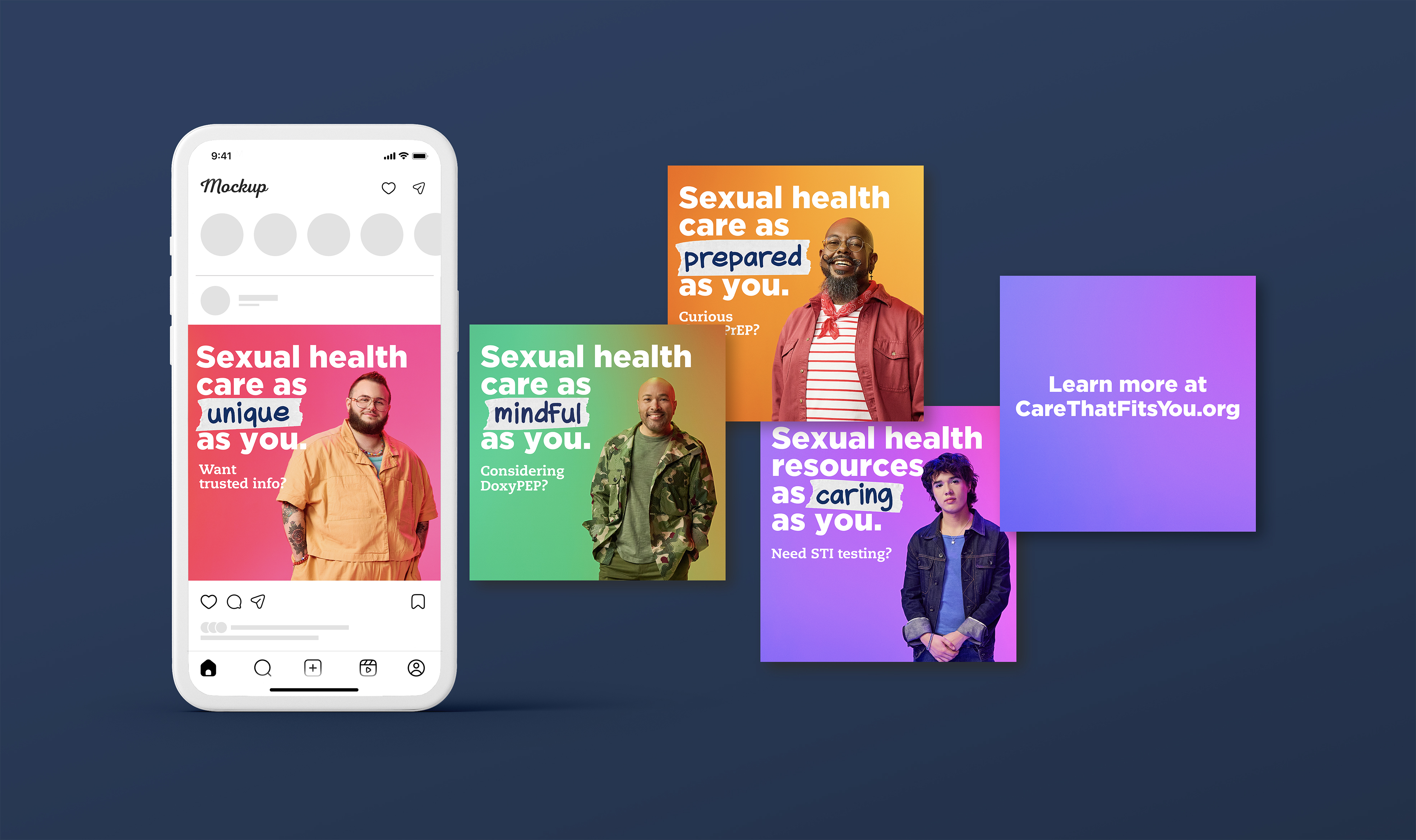Care That Fits You social posts with messages like Sexual health care as unique as you and as prepared as you