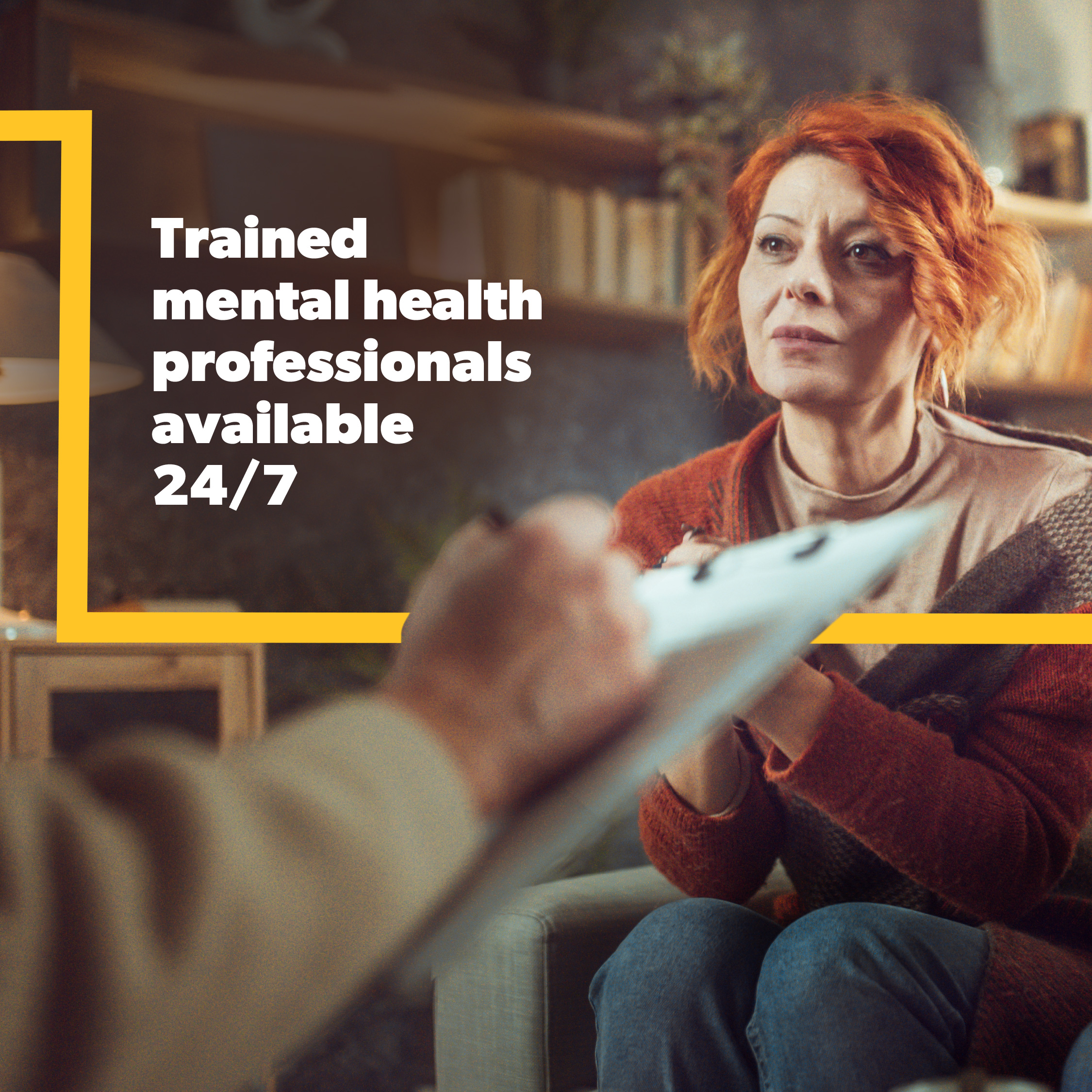 Social ad showing a woman talking with a counselor, with the message Trained mental health professionals available 24/7