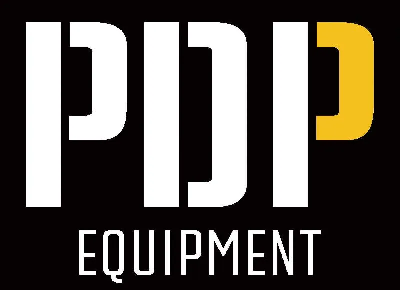 Logo with stylized letters PDJ in white and yellow above the word EQUIPMENT on black background.