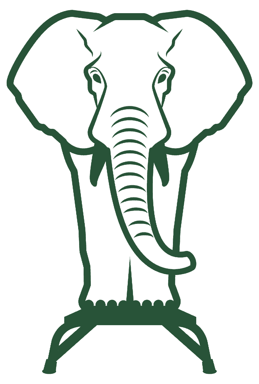 Green line drawing of an elephant facing forward standing on a two-legged stool.
