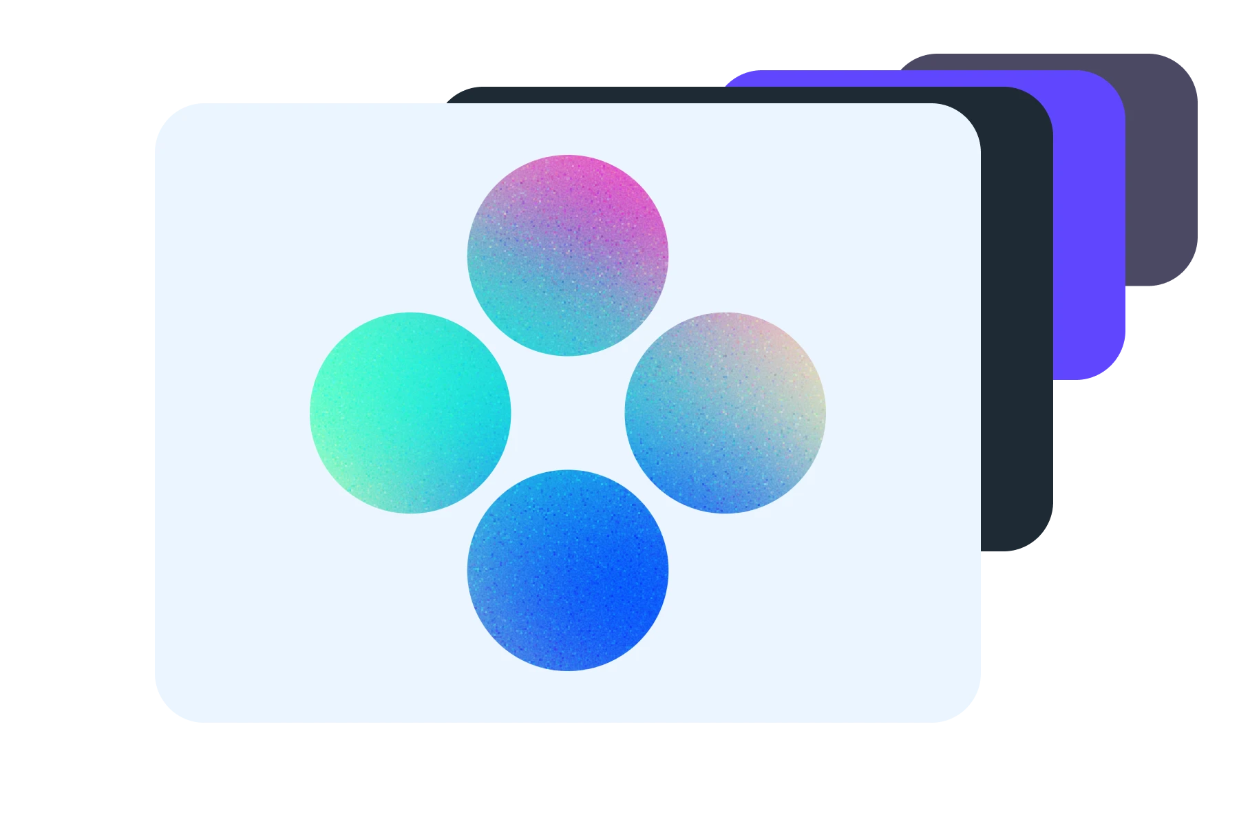 Four colorful gradient circles arranged in a diamond shape on layered rectangles with light blue, dark blue, and purple backgrounds.