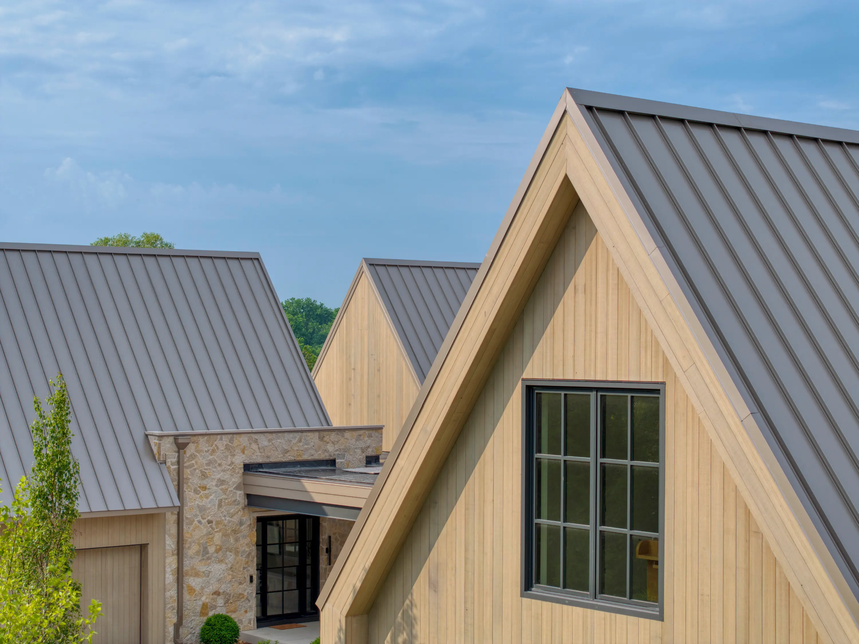 Modern houses with steep metal roofs and wood siding under a partly cloudy sky.