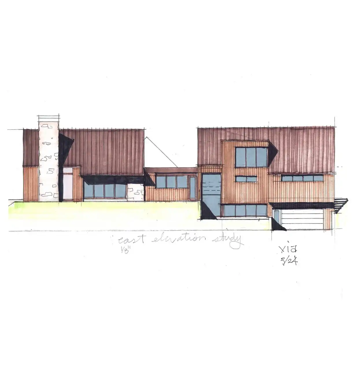 Architectural sketch of a modern house east elevation with large windows and a chimney.