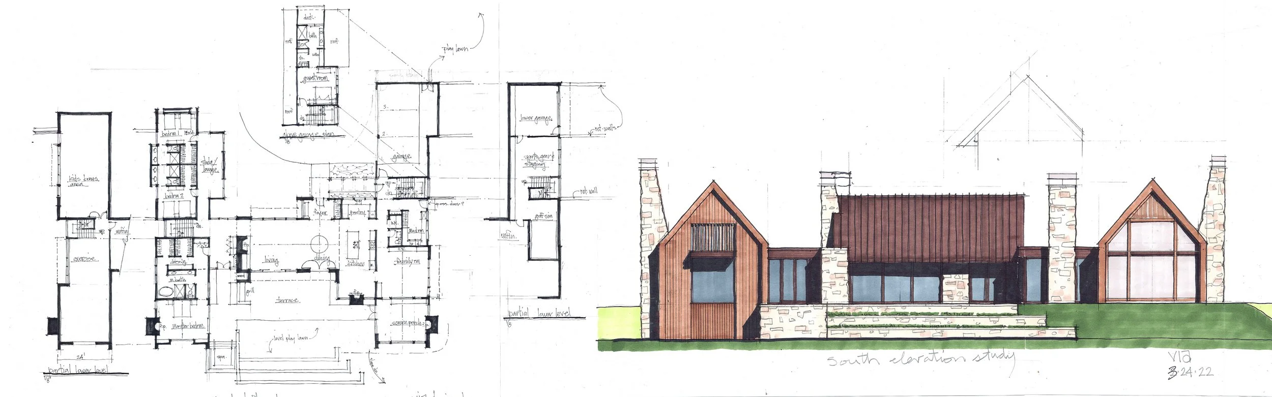 Architectural blueprint showing house floor plan and colored south elevation with stone chimneys and wooden elements.