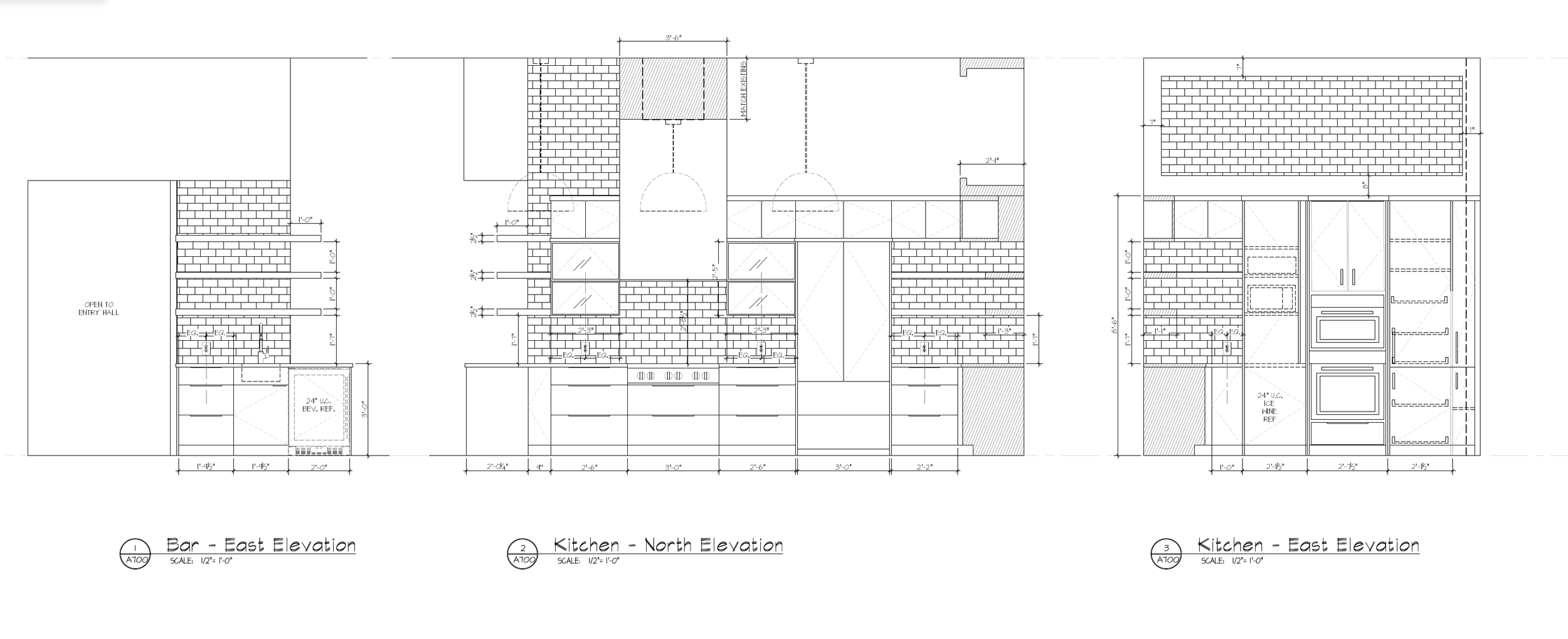Architectural elevation drawings showing bar east, kitchen north, and kitchen east views with dimensions.
