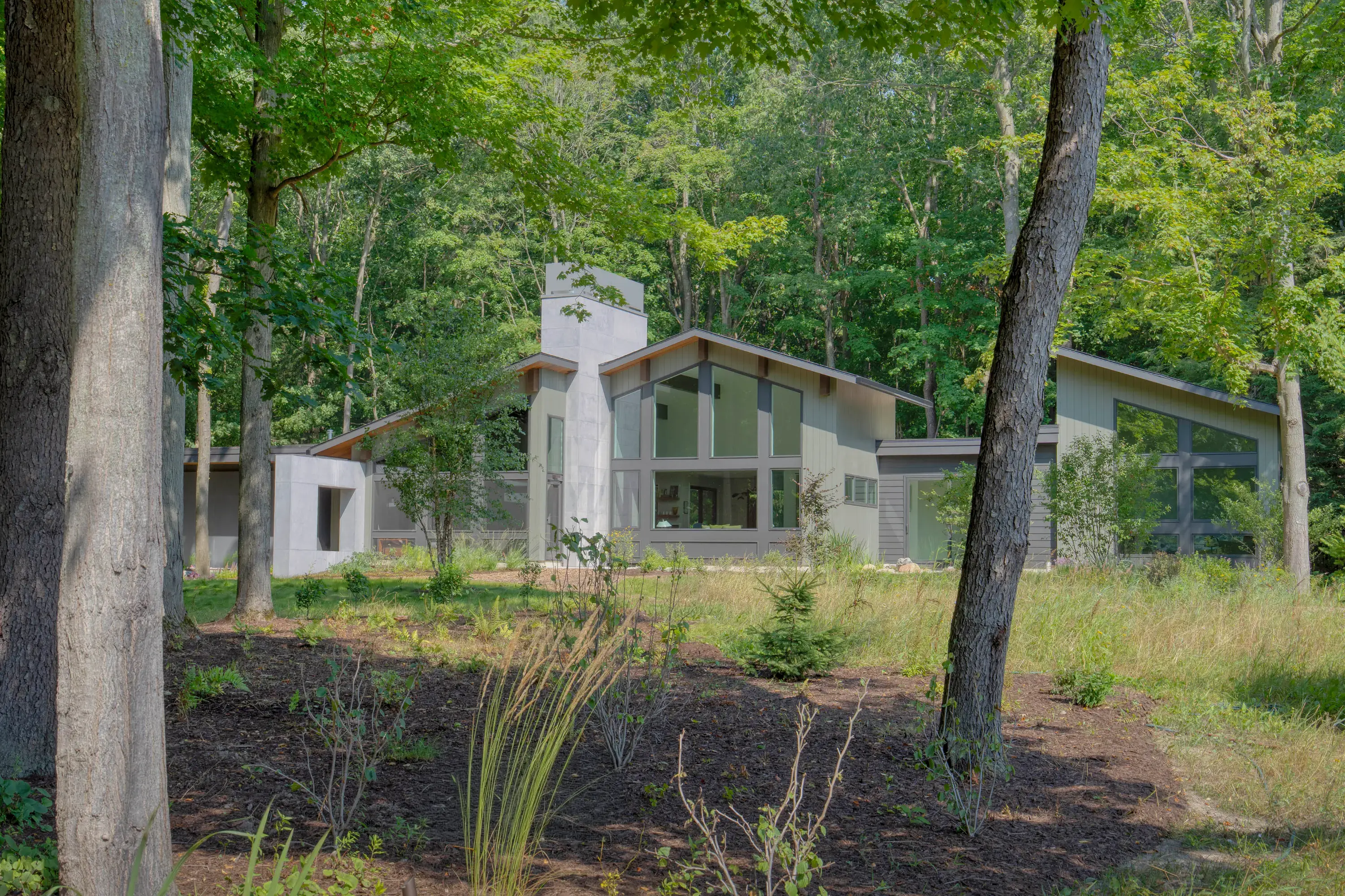 Modern gray house with large windows surrounded by lush green trees and plants in a wooded area.