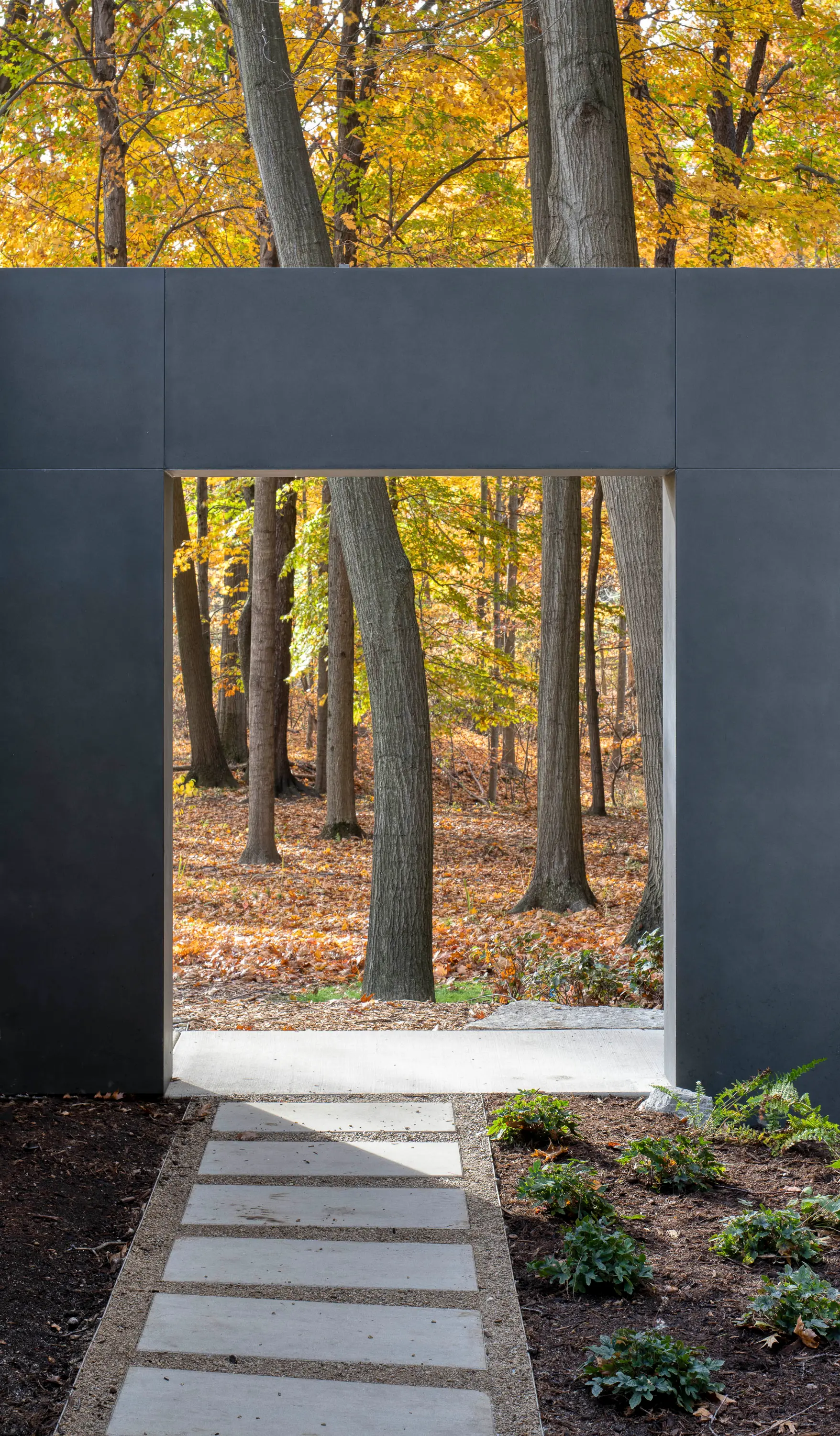 Pathway with concrete slabs leading through a large rectangular dark frame to a forest with autumn foliage.