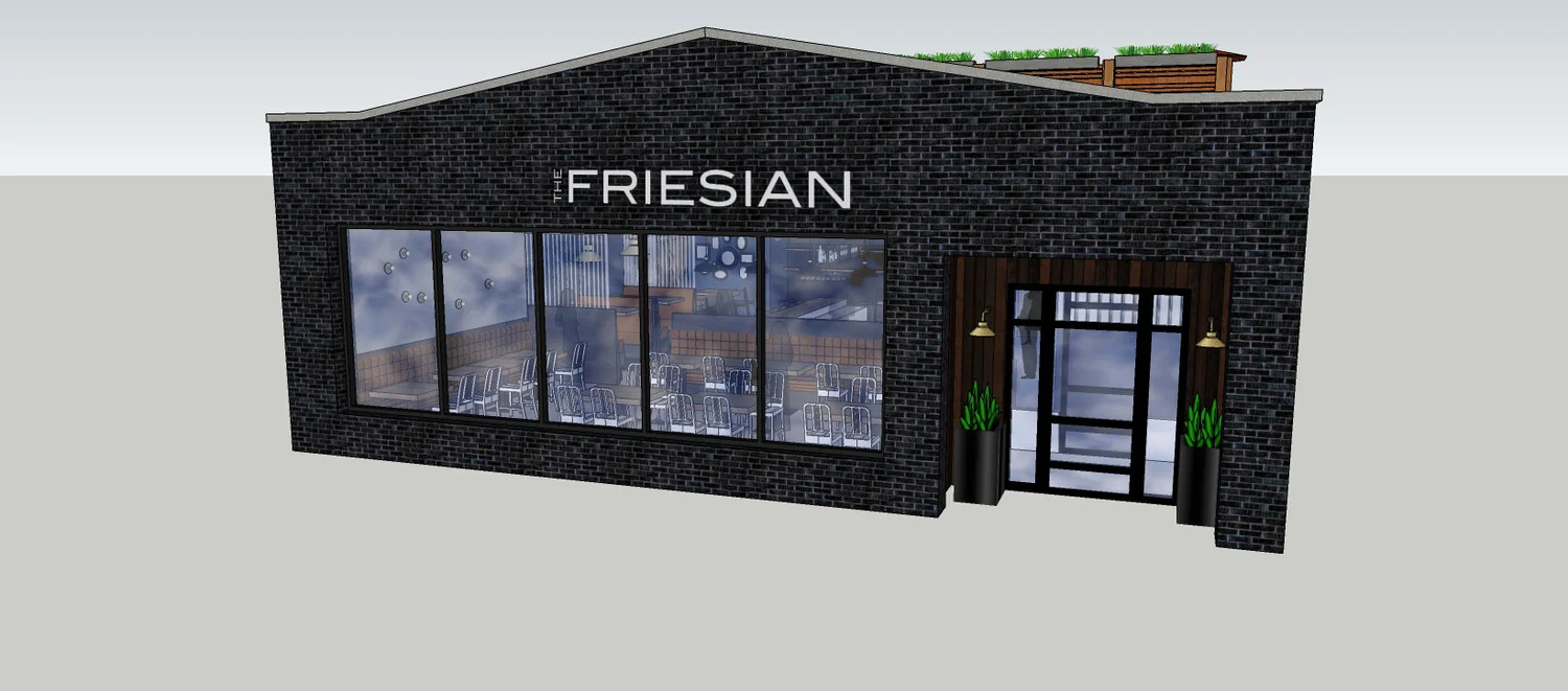 3D rendering of a modern black brick building with large windows showing interior seating and entrance with plants.