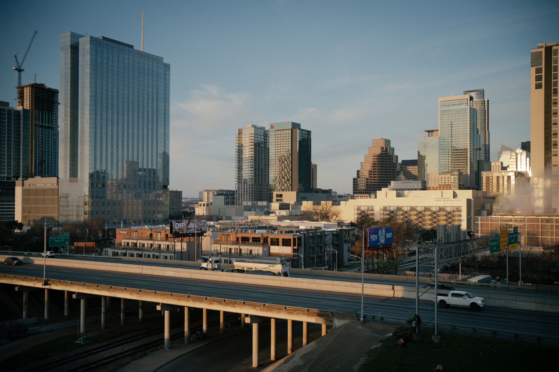 Downtown Austin skyline viewed across Interstate 35.