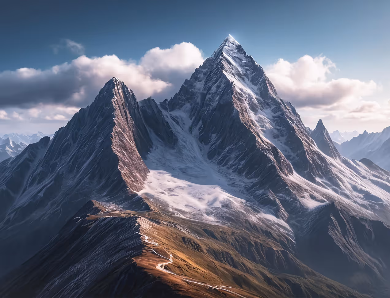 Tall snow-capped mountain peaks with a winding path leading up through rocky terrain under a partly cloudy sky.