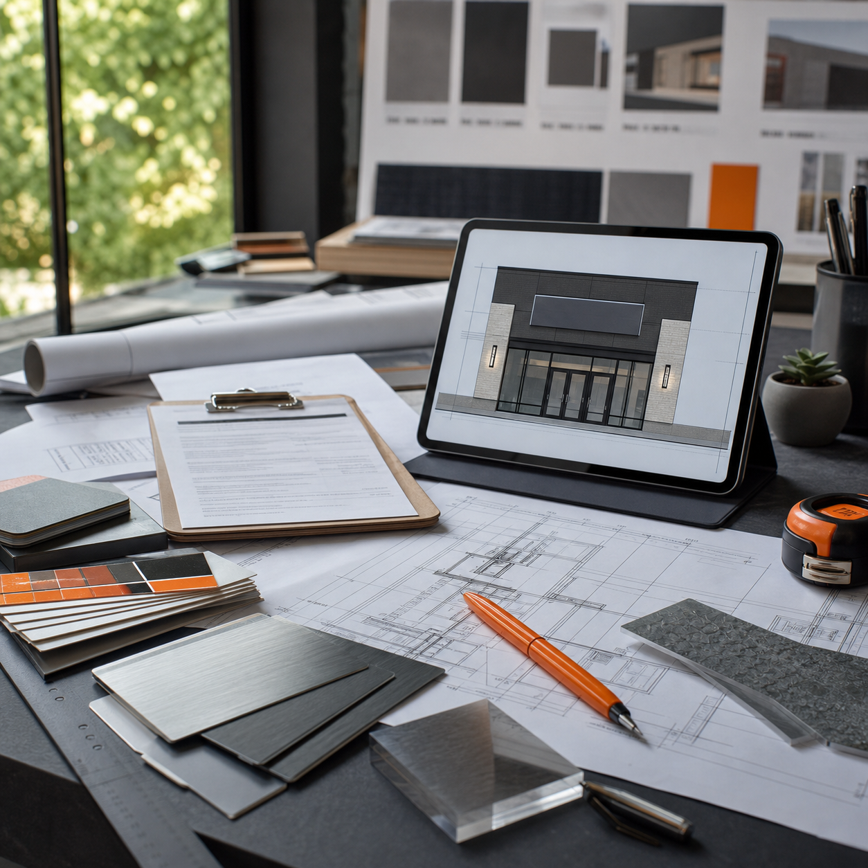 Architect desk with building plans, material samples, tablet showing storefront design, and drawing tools.