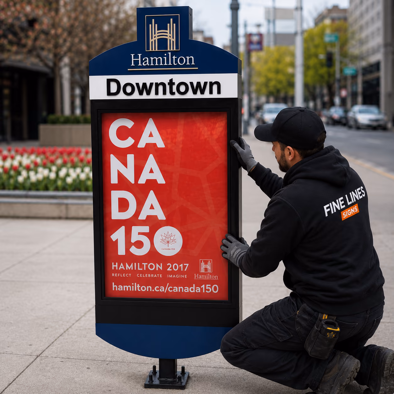 Worker installing a Hamilton Downtown sign featuring Canada 150 celebration poster from 2017.