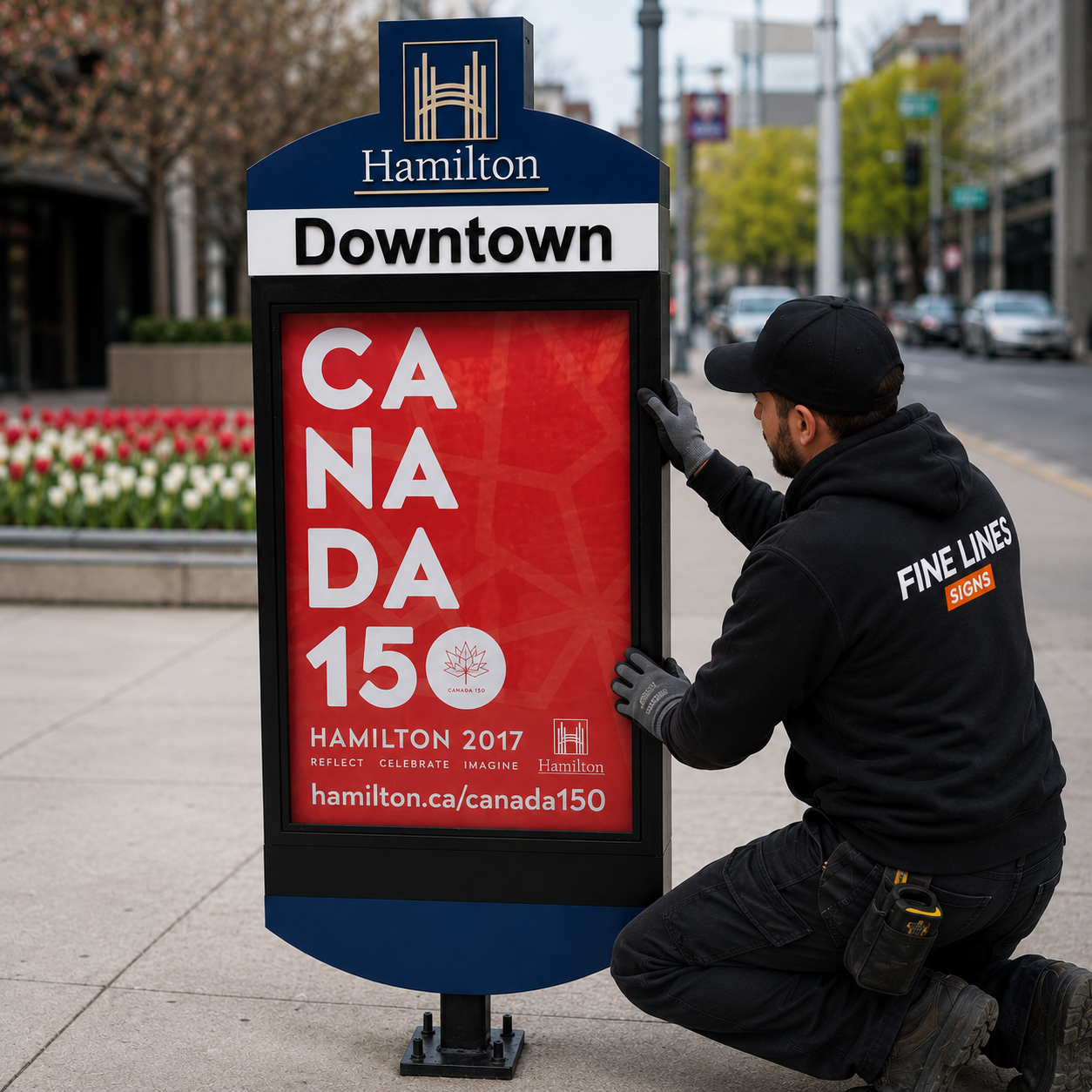 Worker installing a Hamilton Downtown sign featuring Canada 150 celebration poster from 2017.