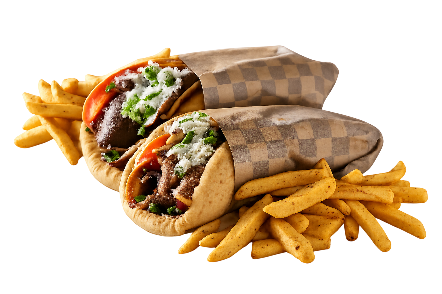 Two gyro wraps with meat, tomato, lettuce, and sauce wrapped in checkered paper with seasoned fries.