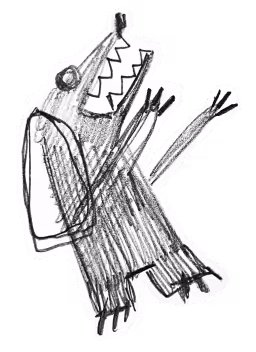 Abstract black and white sketch of a creature with sharp teeth and raised arms.