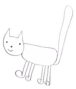Simple black-and-white cartoon drawing of a cat with a long tail and smiling face.