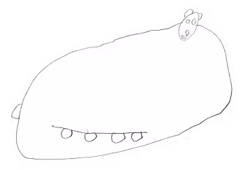 Simple line drawing of a large smiling creature with a small head and round eyes.