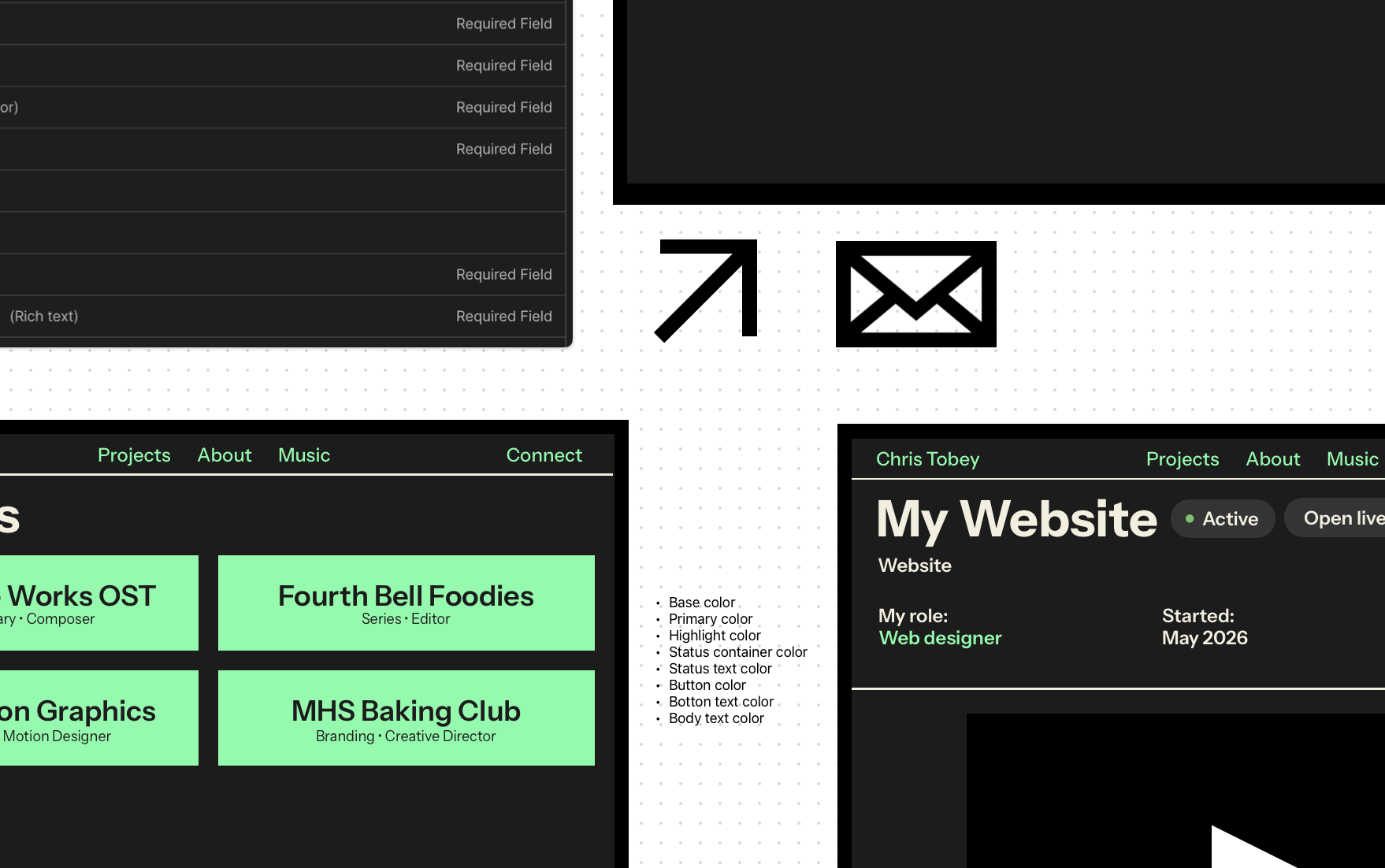 A screenshot from a drafting document of the website that shows icons and drafted pages.