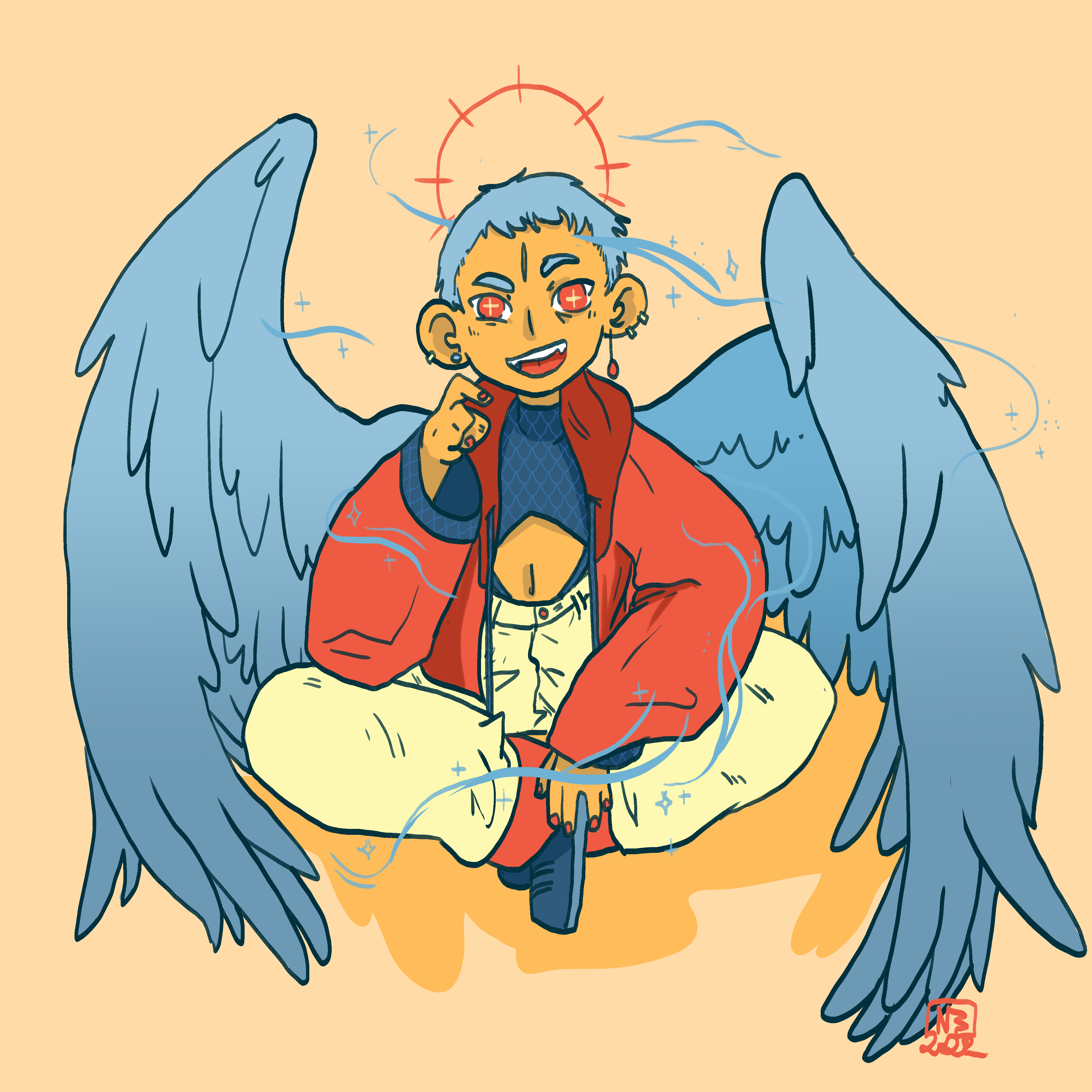 Un ange aux cheveux et ailes bleus assis en tailleur