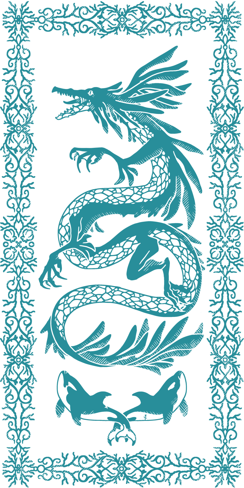 Deux orques surmontées d'un grand dragon-hippocampe à six pattes