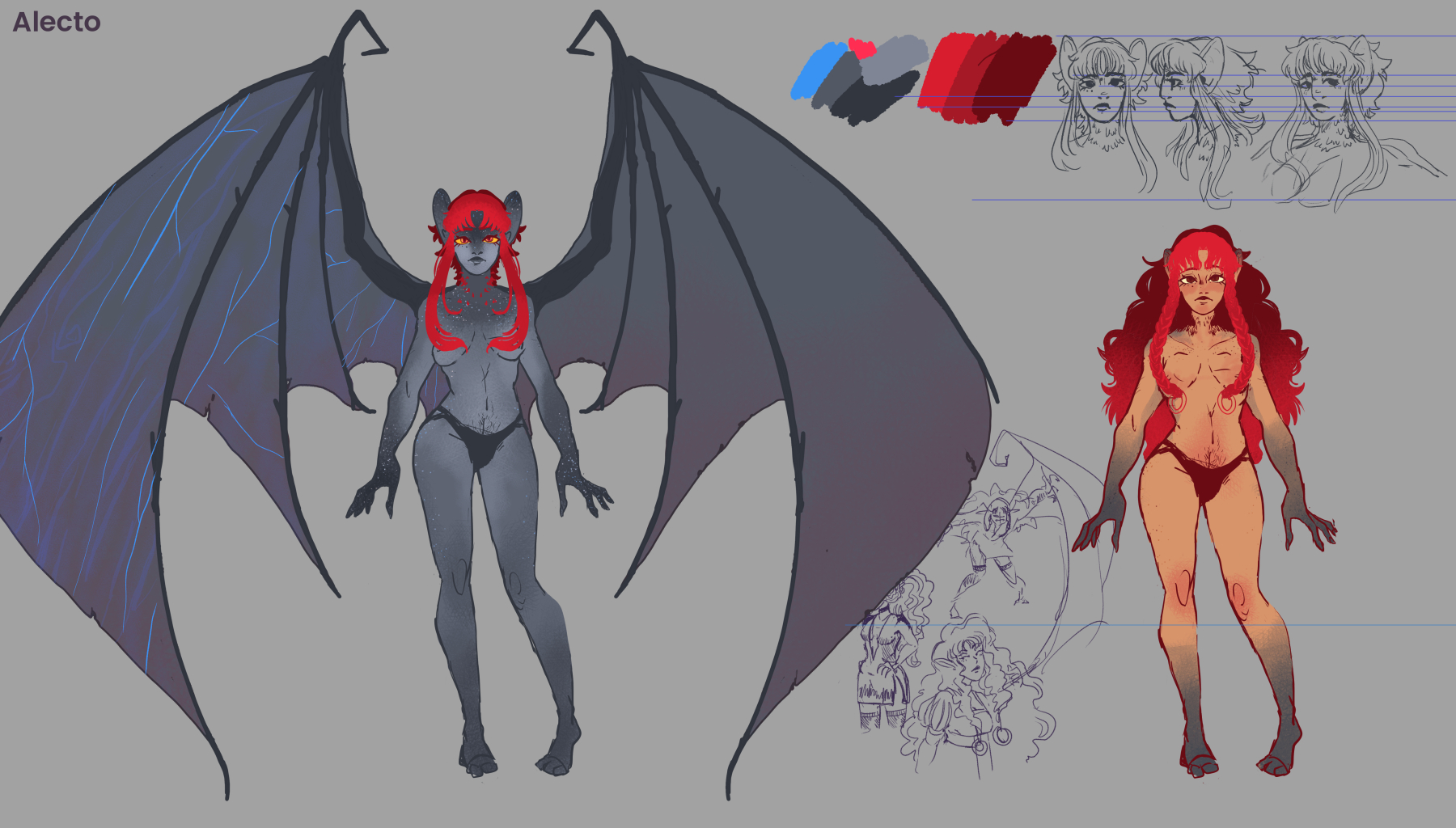 Character sheet : à gauche une femme à la peau grise et cheveux courts rouges, des ailes de chauve-souris. à droite la même femme à la peau rose, cheveux rouges longs et les extrémités des bras et des jambes gris.